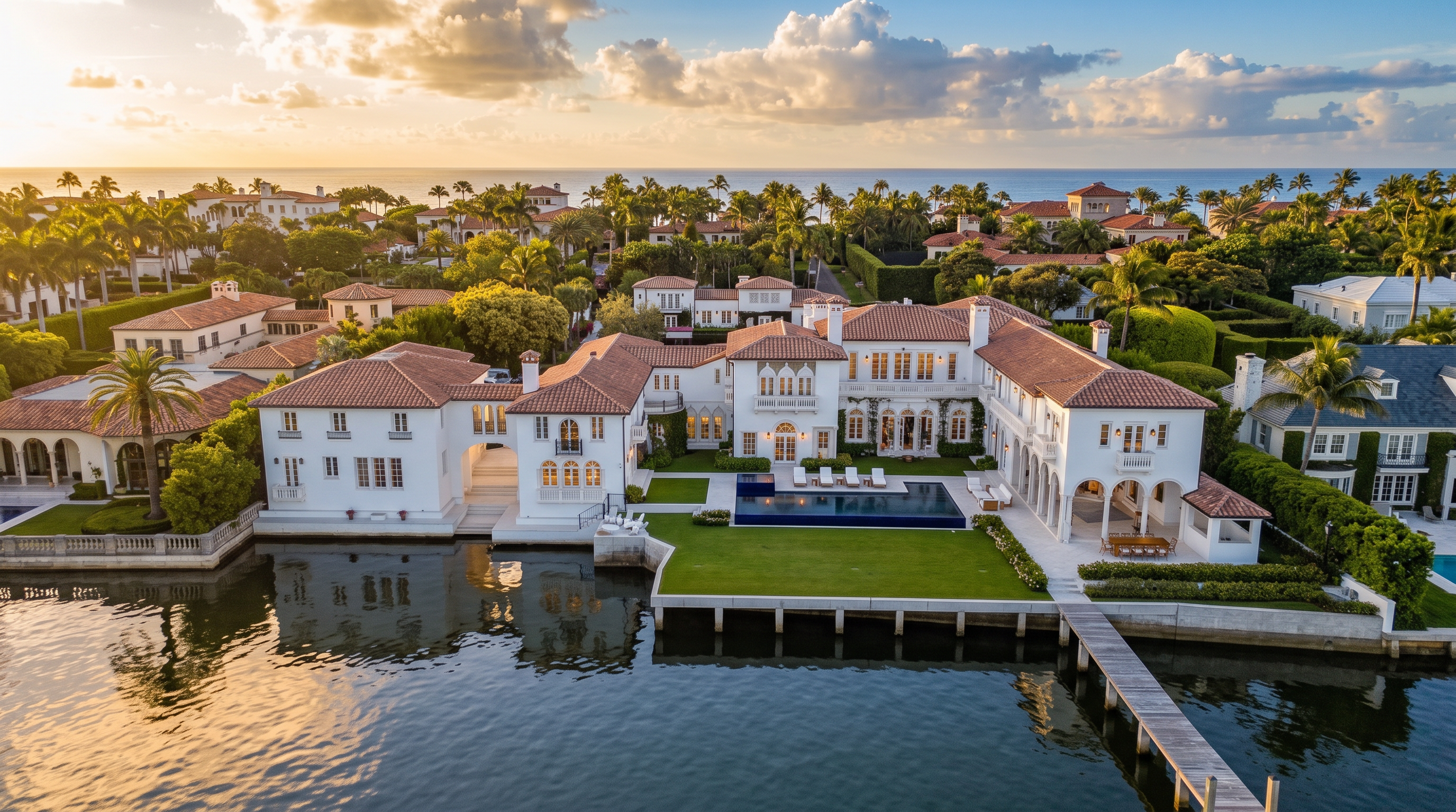 This expansive aerial view captures a luxurious waterfront estate featuring a Mediterranean-inspired architectural style with terracotta-tiled roofs and white stucco walls. The property boasts a large rectangular swimming pool set within a manicured lawn, a private wooden dock extending into the water, and lush tropical landscaping. The cinematic perspective highlights the home's prime coastal location, showcasing its sprawling layout and seamless integration with the surrounding oceanfront environment.