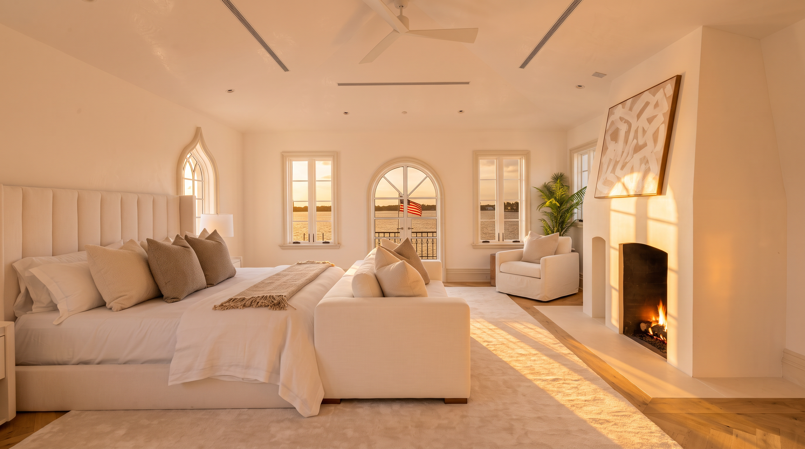 This bright and airy primary bedroom features a neutral color palette, a plush upholstered bed, and a cozy seating area facing a tall, white-painted chimney breast. The room is framed by elegant arched windows and doors that offer expansive views of the water, while a light-toned herringbone wood floor adds texture to the space. The vaulted ceiling and minimalist decor create a serene, sophisticated atmosphere.