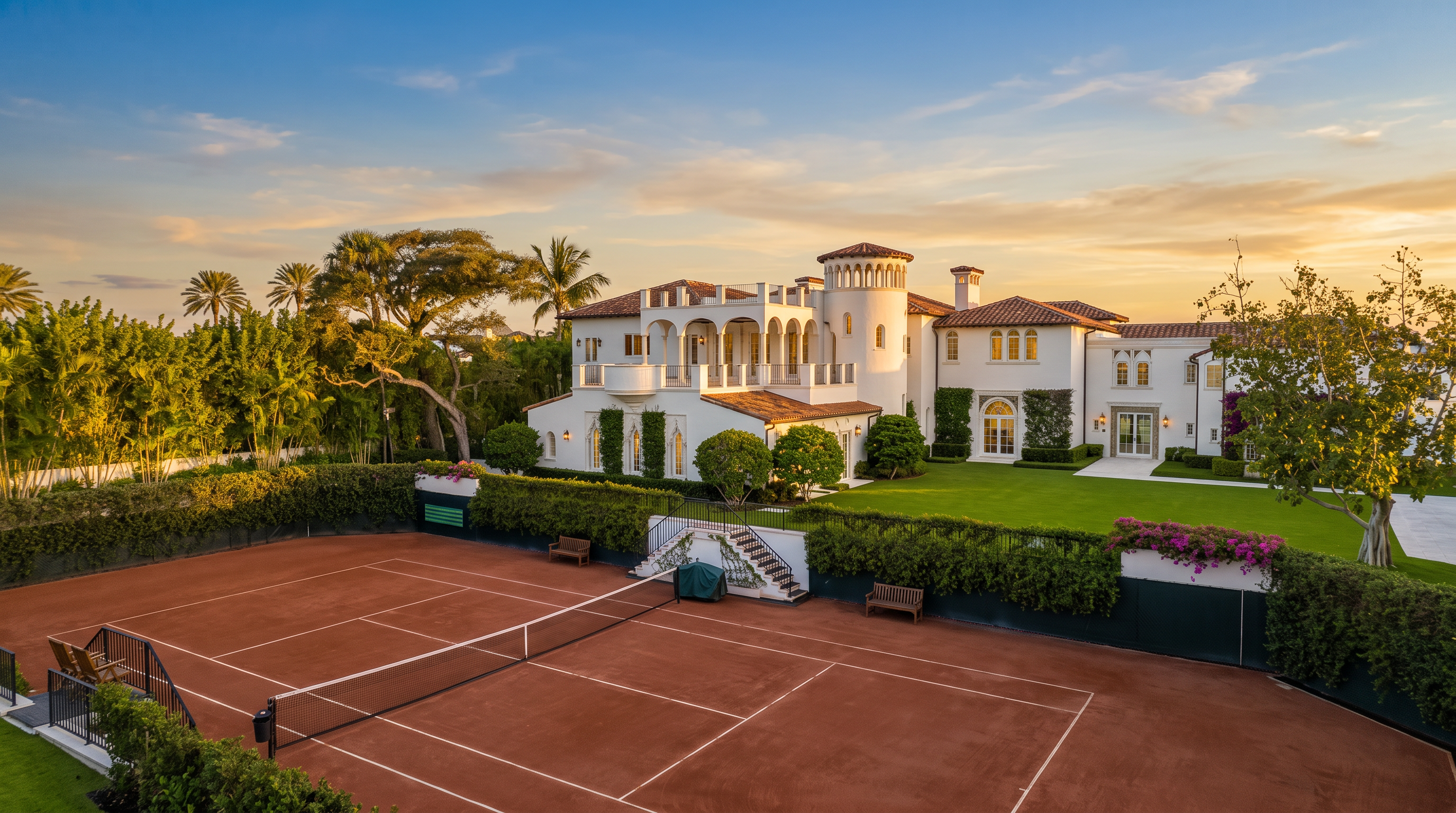 This elevated perspective captures a sprawling Mediterranean-style estate featuring a clay tile roof, white stucco walls, and a prominent tower element. In the foreground, a well-maintained clay tennis court is enclosed by dark fencing and lush greenery, leading to a manicured lawn and the expansive rear facade of the residence. The bright, sunny atmosphere highlights the architectural grandeur and the generous outdoor recreational space of the property.