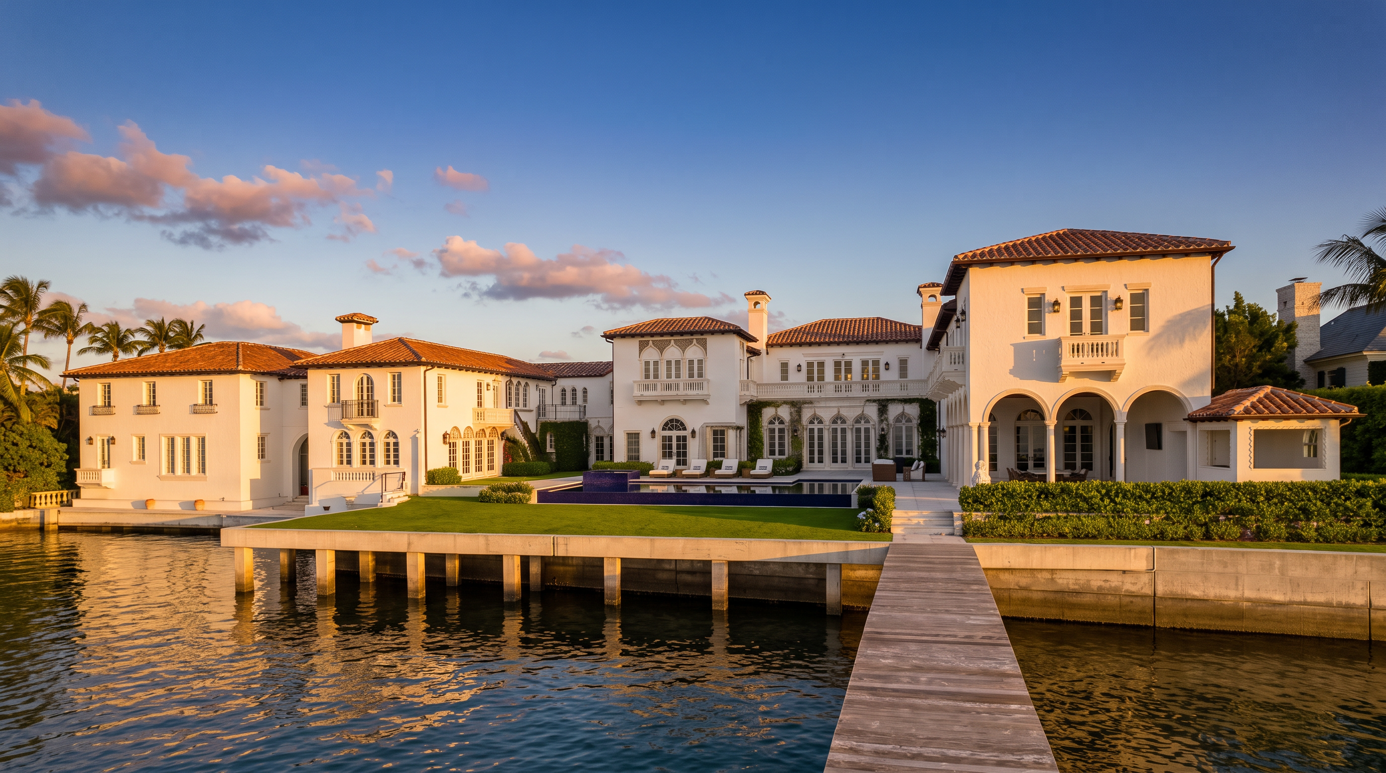 This expansive Mediterranean-style waterfront estate features a sprawling white stucco facade with terracotta-tiled roofs and multiple arched architectural details. A long wooden dock extends from the foreground into the calm water, leading toward a manicured green lawn, a large rectangular swimming pool, and a series of covered loggias. The bright blue sky and lush landscaping create a luxurious, serene atmosphere characteristic of a high-end coastal property.