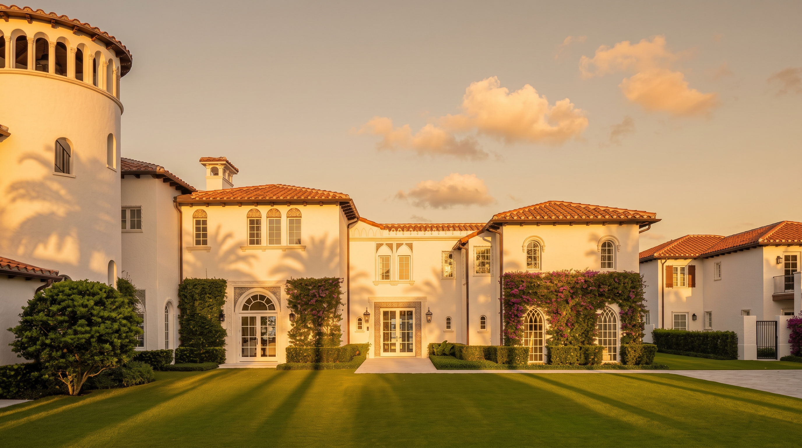 This expansive Mediterranean-style estate features a striking white stucco facade with a terracotta tile roof and a prominent circular tower. The rear elevation showcases symmetrical architecture, large windows, and lush climbing bougainvillea, all set against a meticulously manicured green lawn. The perspective is a wide, eye-level shot that captures the grandeur and scale of the property's outdoor living space.