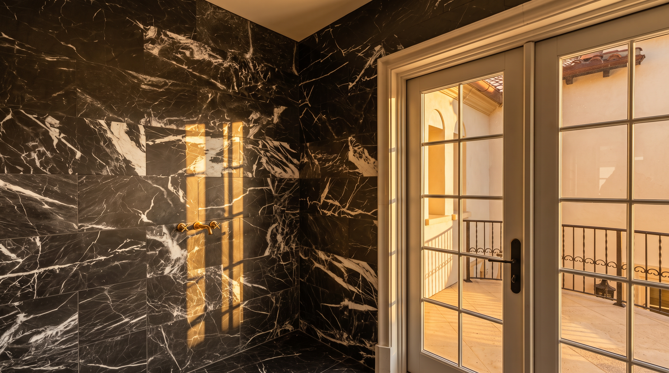 This luxurious bathroom features a striking freestanding copper soaking tub set against a wall of dark, white-veined stone tiles. To the right, a set of white-framed glass French doors opens onto a balcony, allowing natural light to flood the space. The combination of the metallic tub and the dramatic stone wall creates a sophisticated and high-end aesthetic.