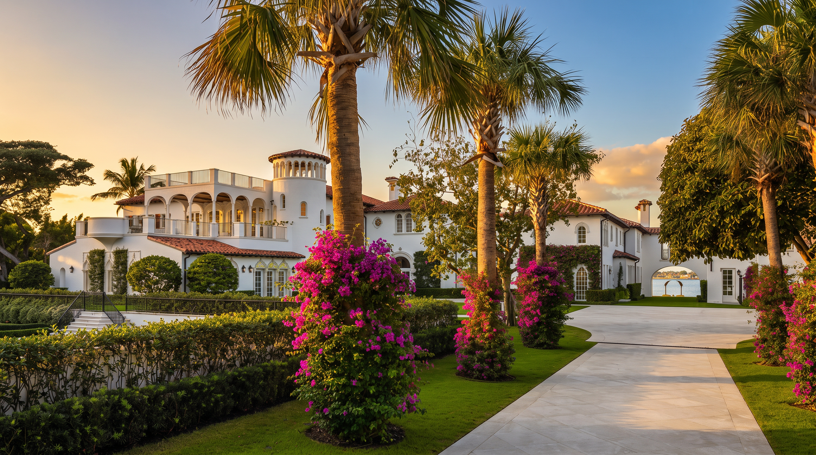This expansive Mediterranean-style estate features a grand white stucco facade with a terracotta tile roof and a distinctive circular tower. A wide, paved driveway leads toward the structure, flanked by lush green lawns, manicured hedges, and vibrant pink bougainvillea bushes. Tall palm trees frame the scene under a clear blue sky, creating a luxurious and serene atmosphere.