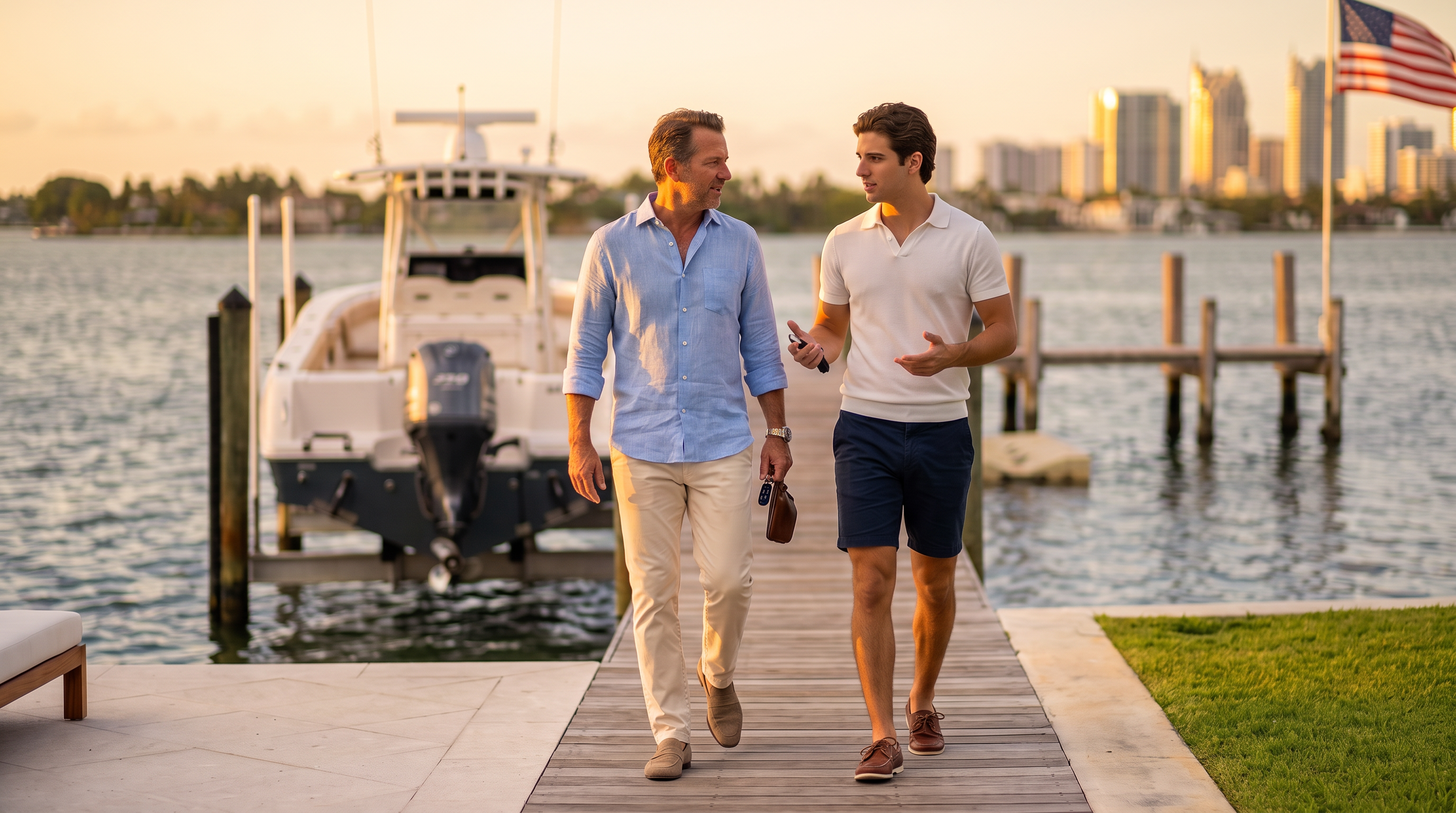 This image features a private wooden dock extending into a waterway, serving as an ideal waterfront amenity for residents. In the background, a motorboat is moored, and the scene highlights a luxurious coastal lifestyle with a city skyline view. The setting is well-maintained and provides a picturesque space for outdoor leisure.