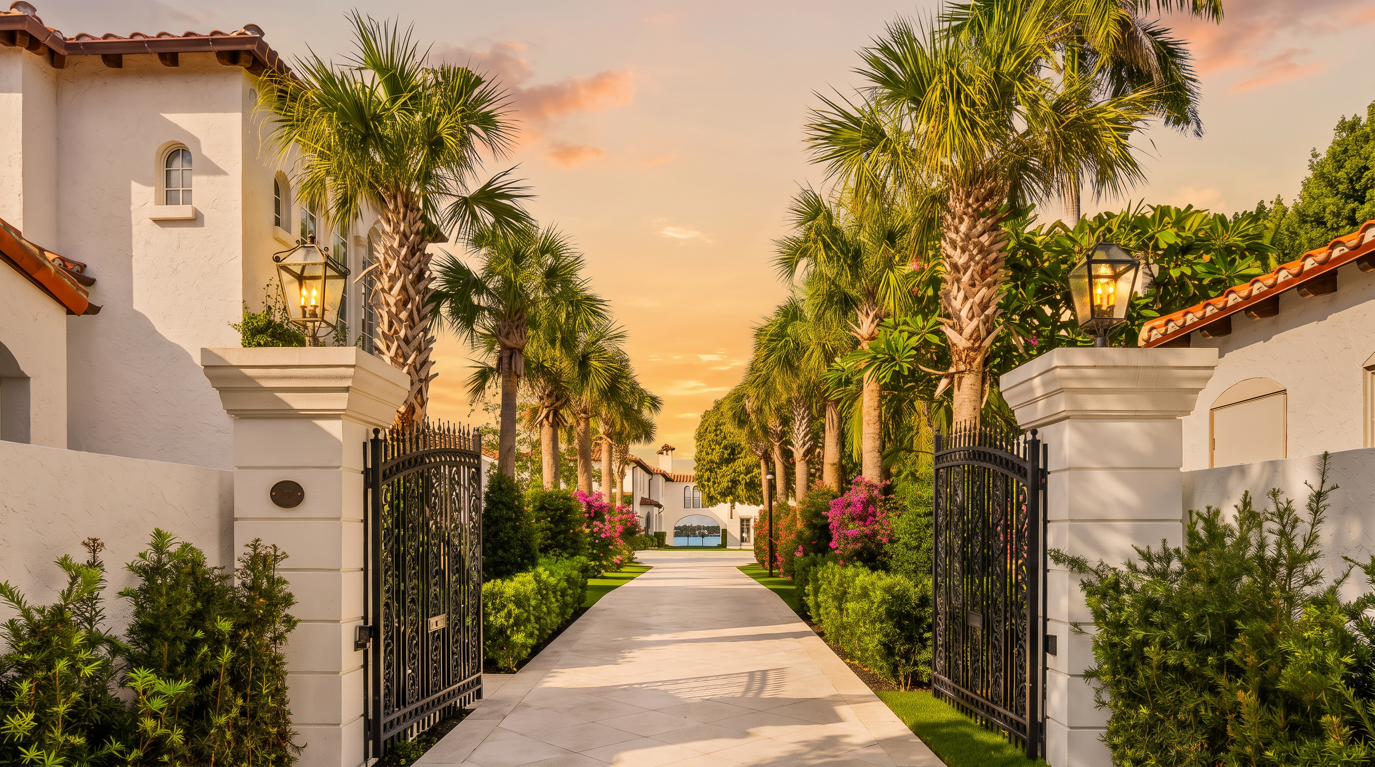 This grand gated entrance features a long, paved driveway flanked by lush landscaping, including manicured hedges and tall palm trees. The white stucco walls and ornate black metal gates create a sophisticated, Mediterranean-inspired aesthetic. The perspective is a centered, eye-level shot looking down the driveway toward the main residence, emphasizing the property's privacy and curb appeal.