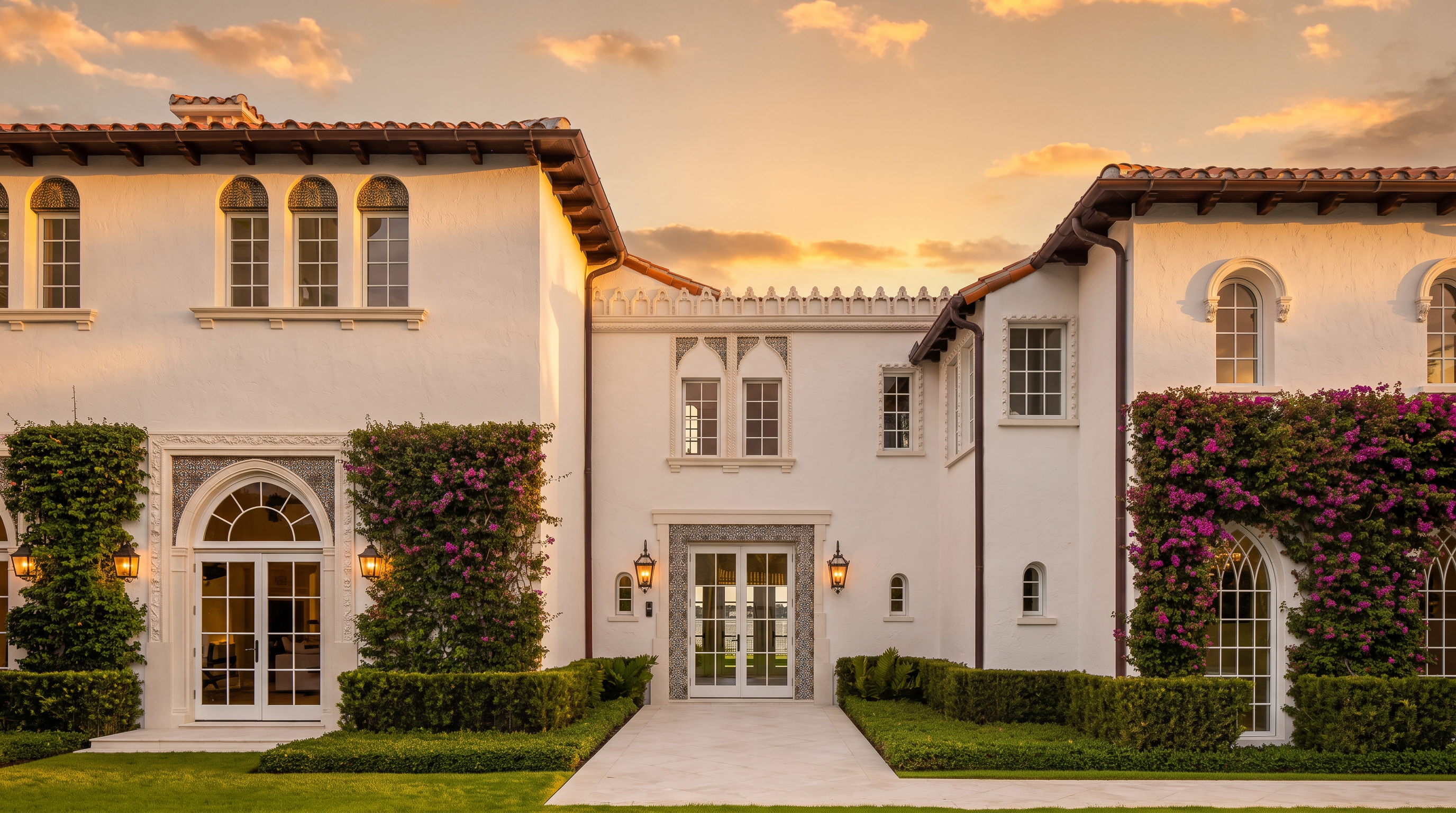 This Mediterranean-style estate features a symmetrical white stucco facade with a terracotta tile roof and intricate decorative tile work around the arched entryways. Lush green hedges and vibrant bougainvillea vines frame the structure, while a central stone walkway leads to the main entrance. The bright, clear blue sky provides a striking backdrop for this elegant and well-manicured property.