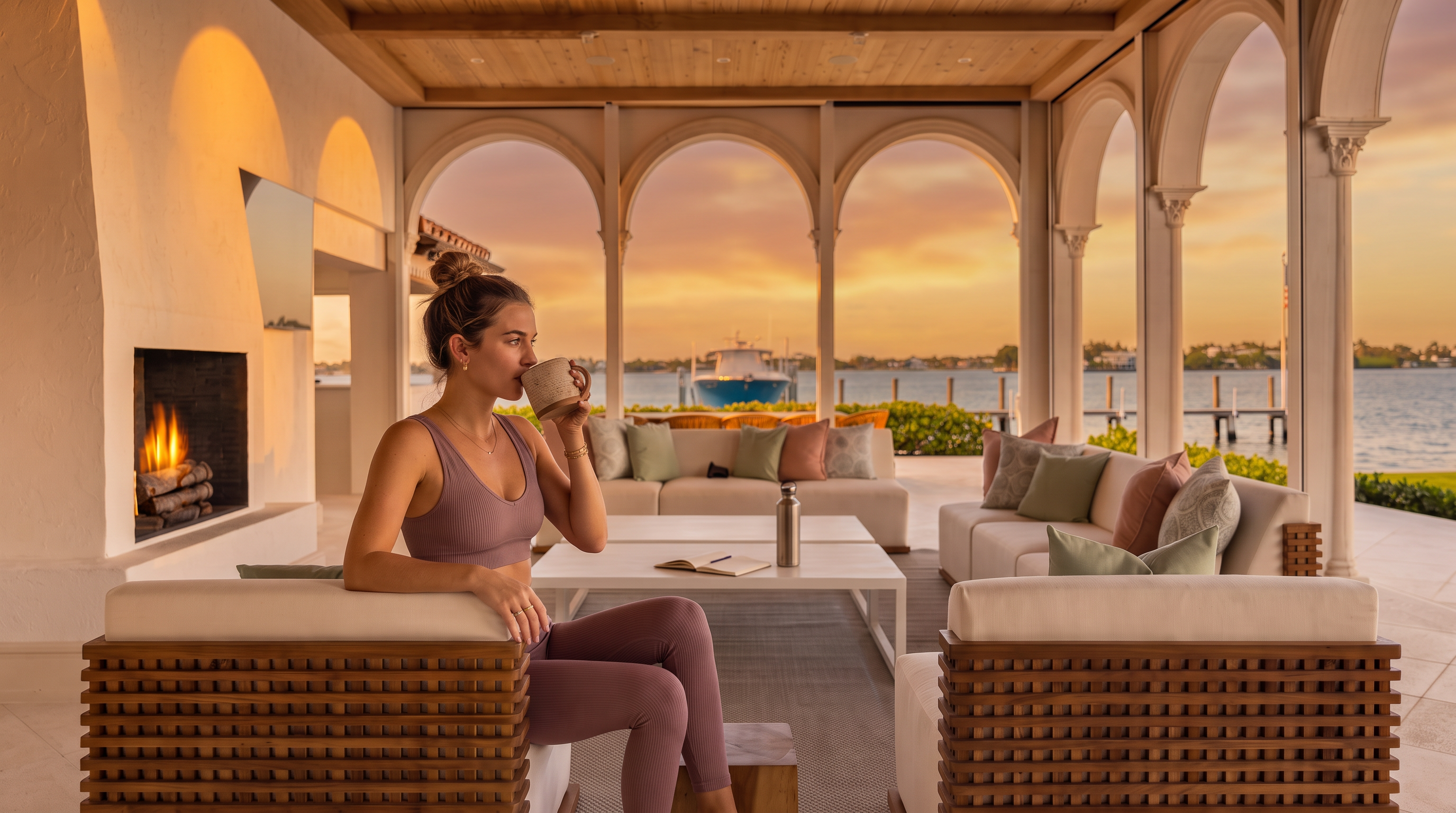 This expansive covered patio offers a luxurious outdoor living space with a direct, unobstructed view of the waterfront and a private dock. The area features a symmetrical seating arrangement with light-toned sofas and wood-framed armchairs centered around a large coffee table, all set beneath a warm wood-paneled ceiling. Arched architectural openings frame the scenic water view, creating a sophisticated and airy atmosphere perfect for relaxation or entertaining.