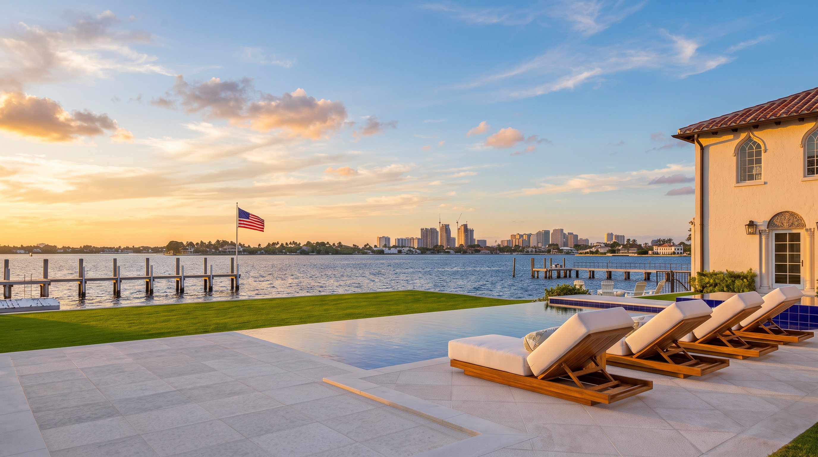This stunning waterfront property features an infinity-edge pool that seamlessly blends with the expansive bay view in the background. The pool deck is furnished with several lounge chairs, providing a perfect vantage point to enjoy the scenic cityscape across the water. A manicured green lawn separates the pool area from the private dock, creating a serene and luxurious outdoor living space.