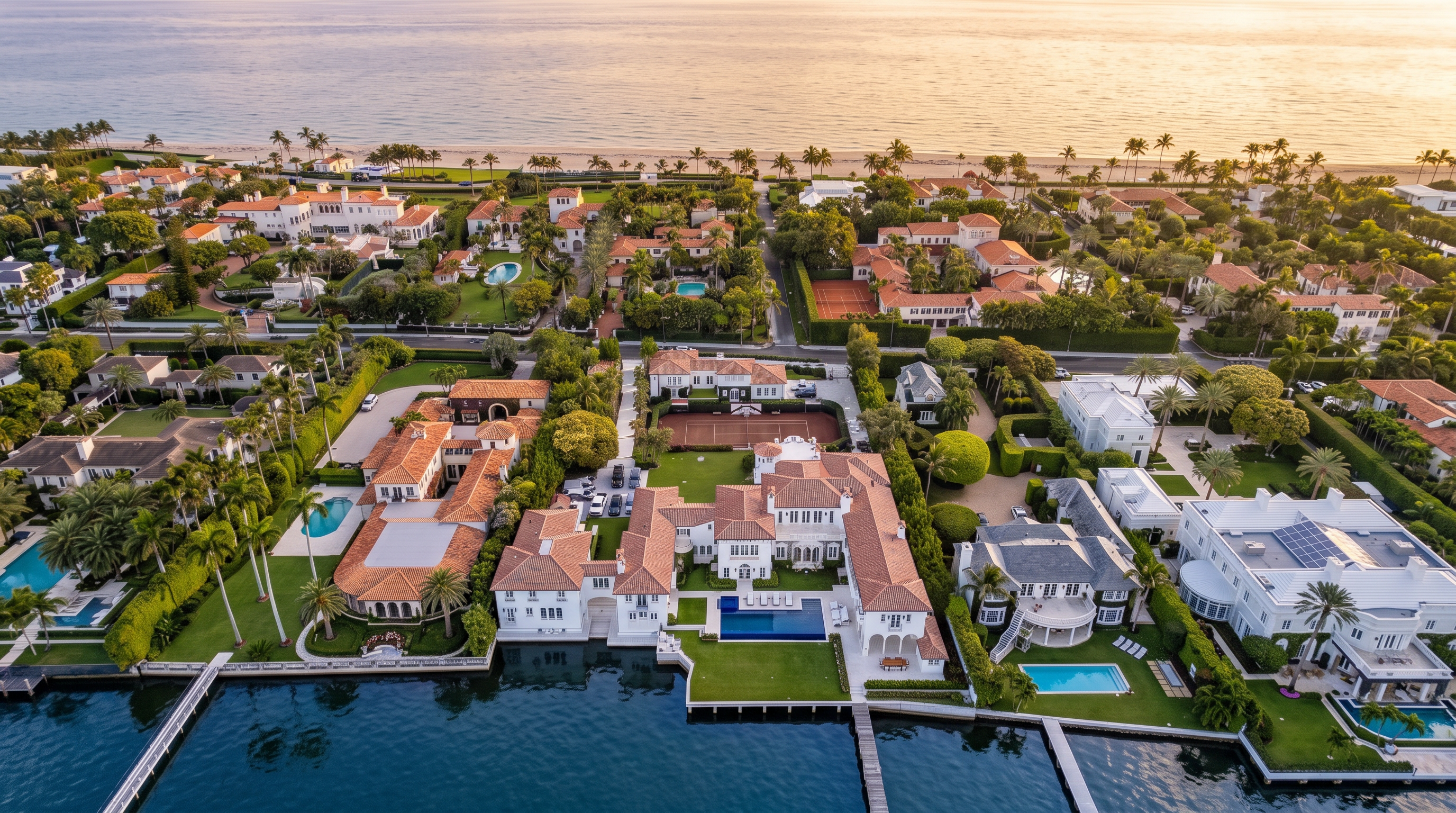 This high-altitude aerial perspective captures a sprawling luxury waterfront estate situated along a calm canal, with the ocean and sandy beach visible in the background. The property features a large Mediterranean-style residence with multiple wings, a private tennis court, and a swimming pool overlooking the water. The surrounding neighborhood is densely landscaped with lush tropical greenery, manicured lawns, and several other high-end homes.