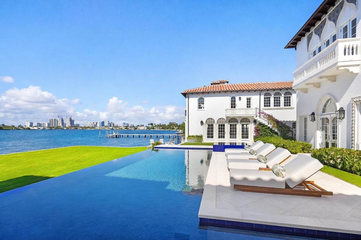 This luxurious waterfront estate features a stunning infinity-edge pool that seamlessly blends with the blue bay waters. A spacious stone patio is lined with multiple lounge chairs, offering a perfect vantage point to enjoy the expansive lawn and the distant city skyline. The white Mediterranean-style architecture, complete with a terracotta roof and arched windows, creates an elegant and serene atmosphere.