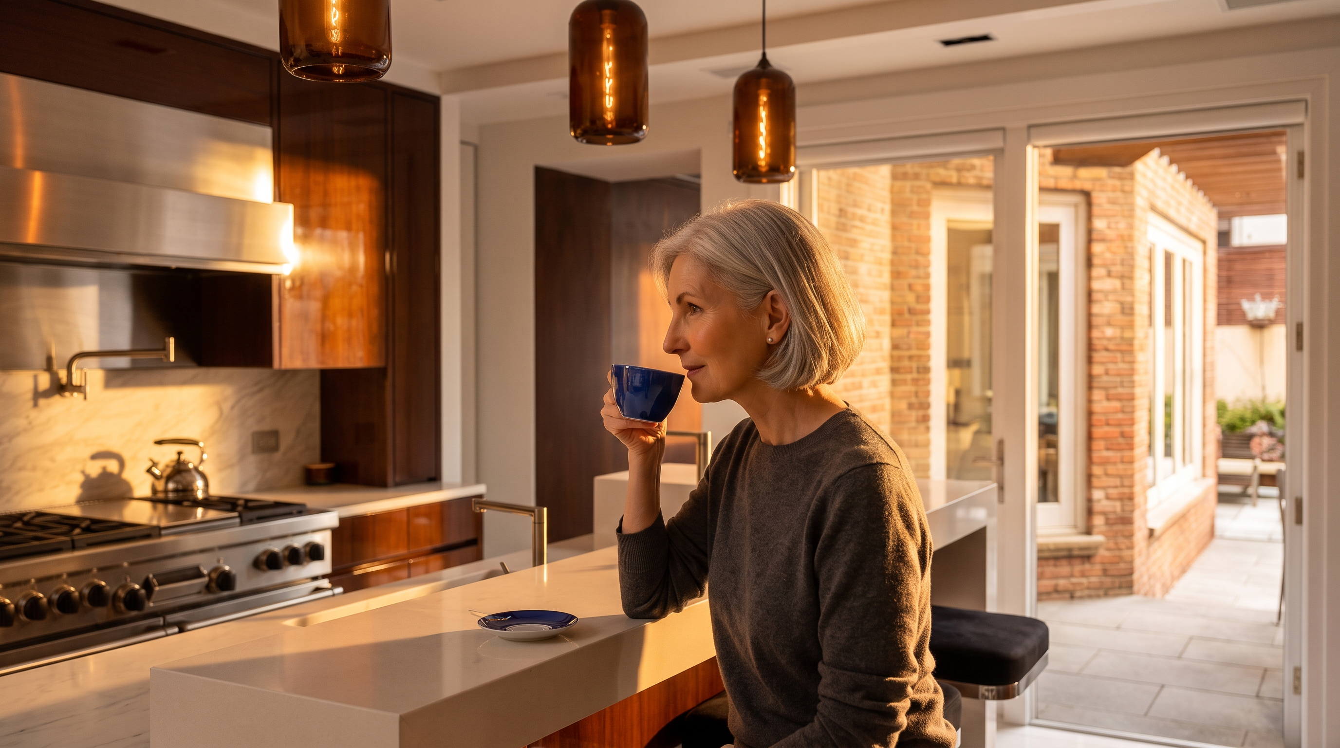 This modern, high-end kitchen features dark, high-gloss cabinetry paired with a large central island topped with a light-colored stone surface. Three pendant lights hang above the island, which includes integrated seating, while a professional-grade range and stainless steel hood serve as the focal point of the back wall. The space is finished with polished light-colored flooring and opens directly to an outdoor patio area through a glass door, creating a bright and seamless transition between indoor and outdoor living.