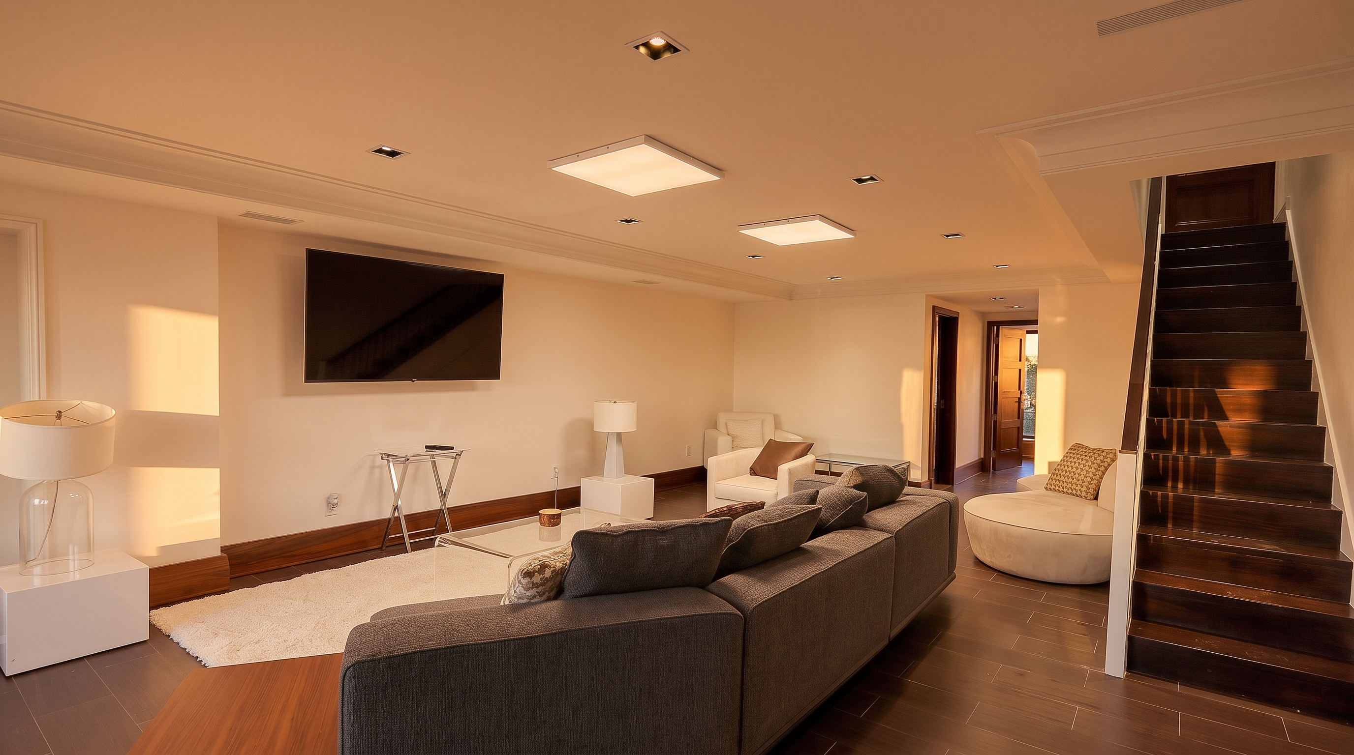 This spacious, contemporary basement living area features a large dark gray sectional sofa facing a wall-mounted television. The room is finished with dark wood-look flooring, white walls, and recessed lighting, complemented by a set of dark wooden stairs leading to an upper level. A white circular lounge chair and a glass coffee table add modern accents to the clean, minimalist aesthetic.
