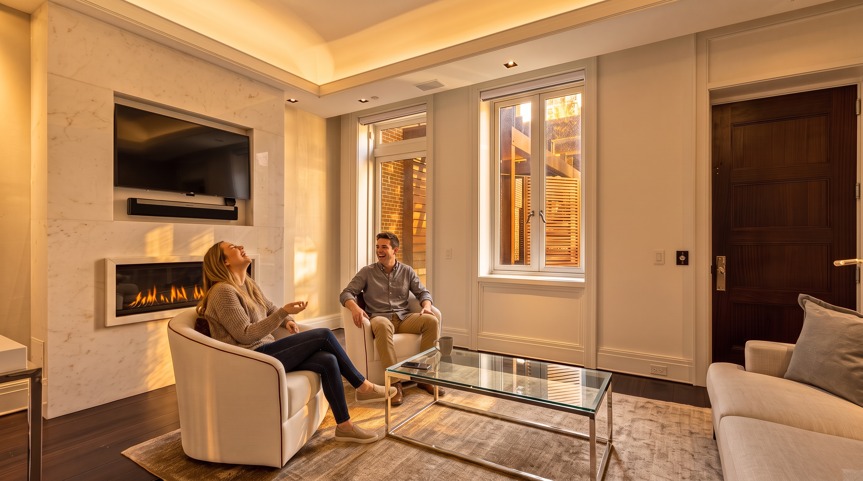This sophisticated living room features a sleek, linear fireplace set into a tall, light-toned stone surround with an integrated television above. The space is furnished with two white armchairs and a glass-topped coffee table resting on a textured area rug, all set against dark wood flooring. Large windows allow natural light to filter in, while a dark wood door provides a striking contrast to the bright, neutral walls.
