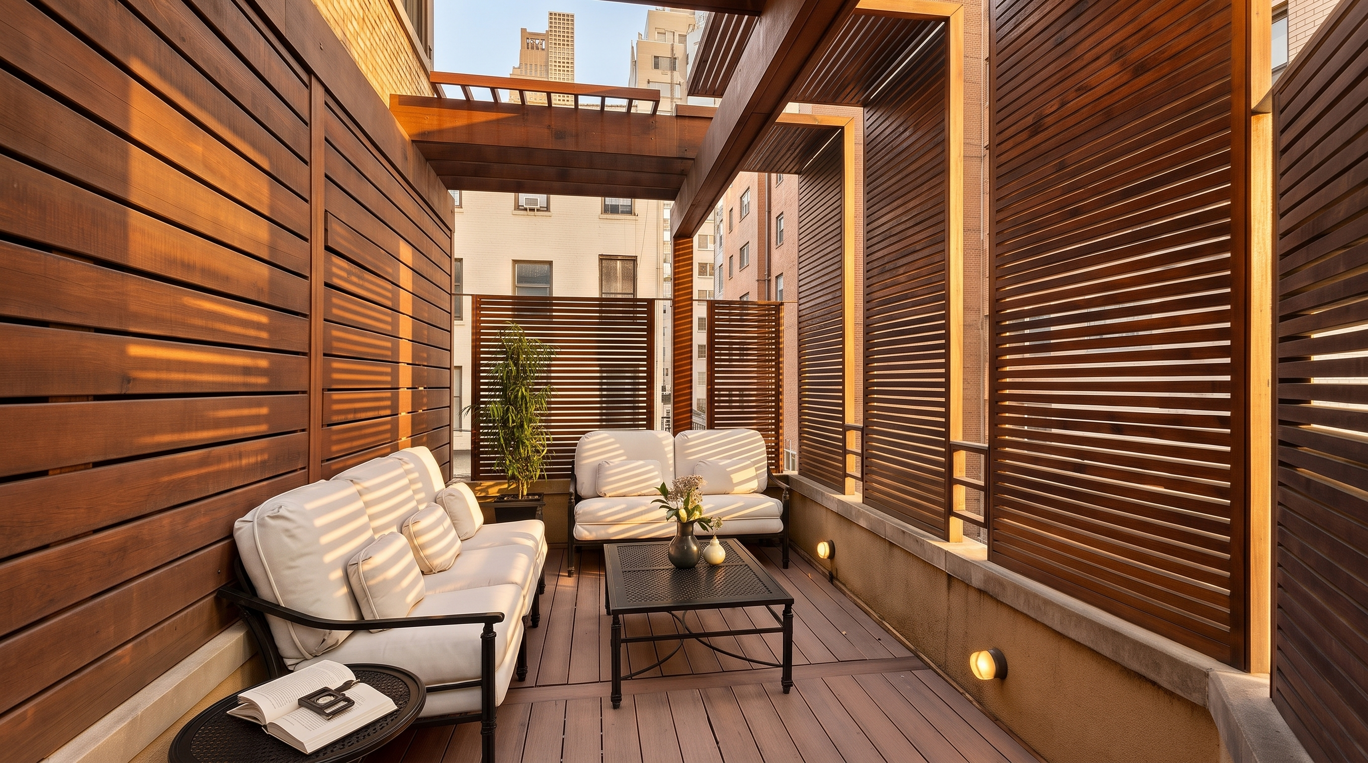 This urban balcony features a sophisticated, modern design with rich wood-slatted privacy screens and a matching pergola structure. The space is furnished with a white sofa and loveseat set arranged around a black metal coffee table, creating a cozy outdoor living area. The perspective is eye-level, capturing the intimate, enclosed atmosphere of this private terrace set against a backdrop of city buildings.