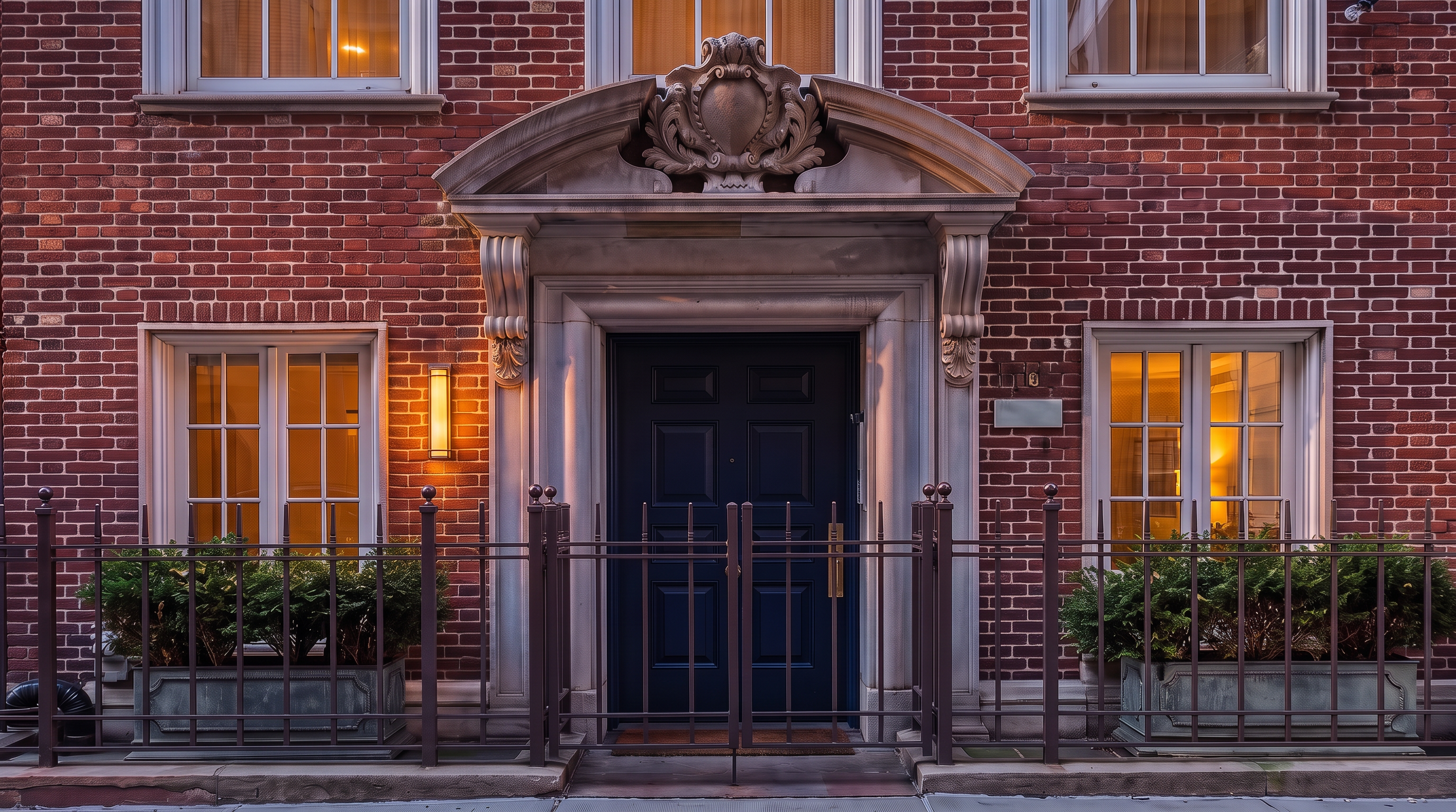 This sophisticated residential entrance features a classic dark blue door framed by an ornate, carved stone pediment. The exterior is constructed from traditional red brick, complemented by symmetrically placed windows, glowing wall-mounted lighting, and an iron security gate enclosing low-maintenance greenery. The overall aesthetic exudes a refined, historic charm typical of upscale urban townhomes.