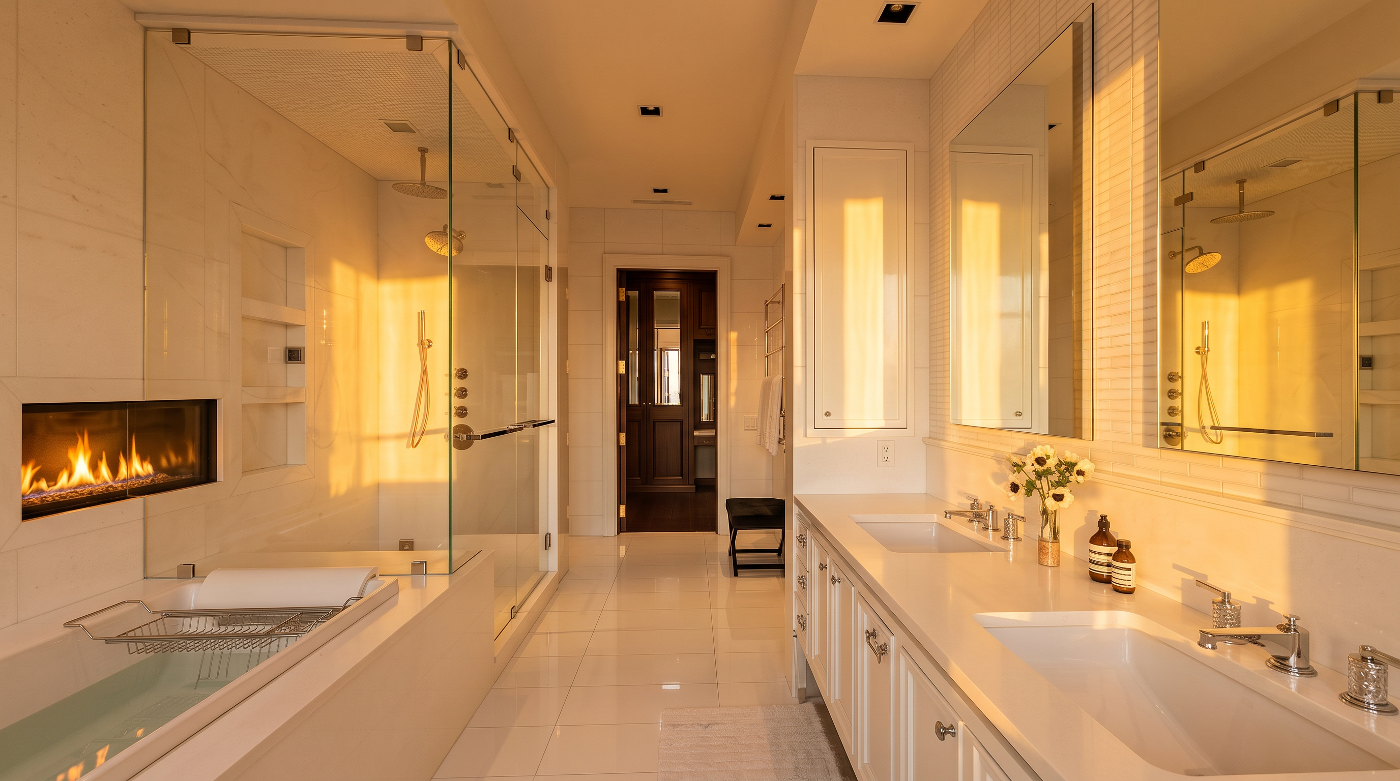 This bright, modern primary bathroom features a double vanity with white cabinetry and a long stone countertop, complemented by large mirrors and sleek fixtures. To the left, a glass-enclosed shower area includes a built-in bench and multiple shower heads, while a doorway at the end of the room leads into a walk-in closet or dressing area. The space is finished with polished light-colored tile flooring and recessed lighting, creating a clean and luxurious atmosphere.