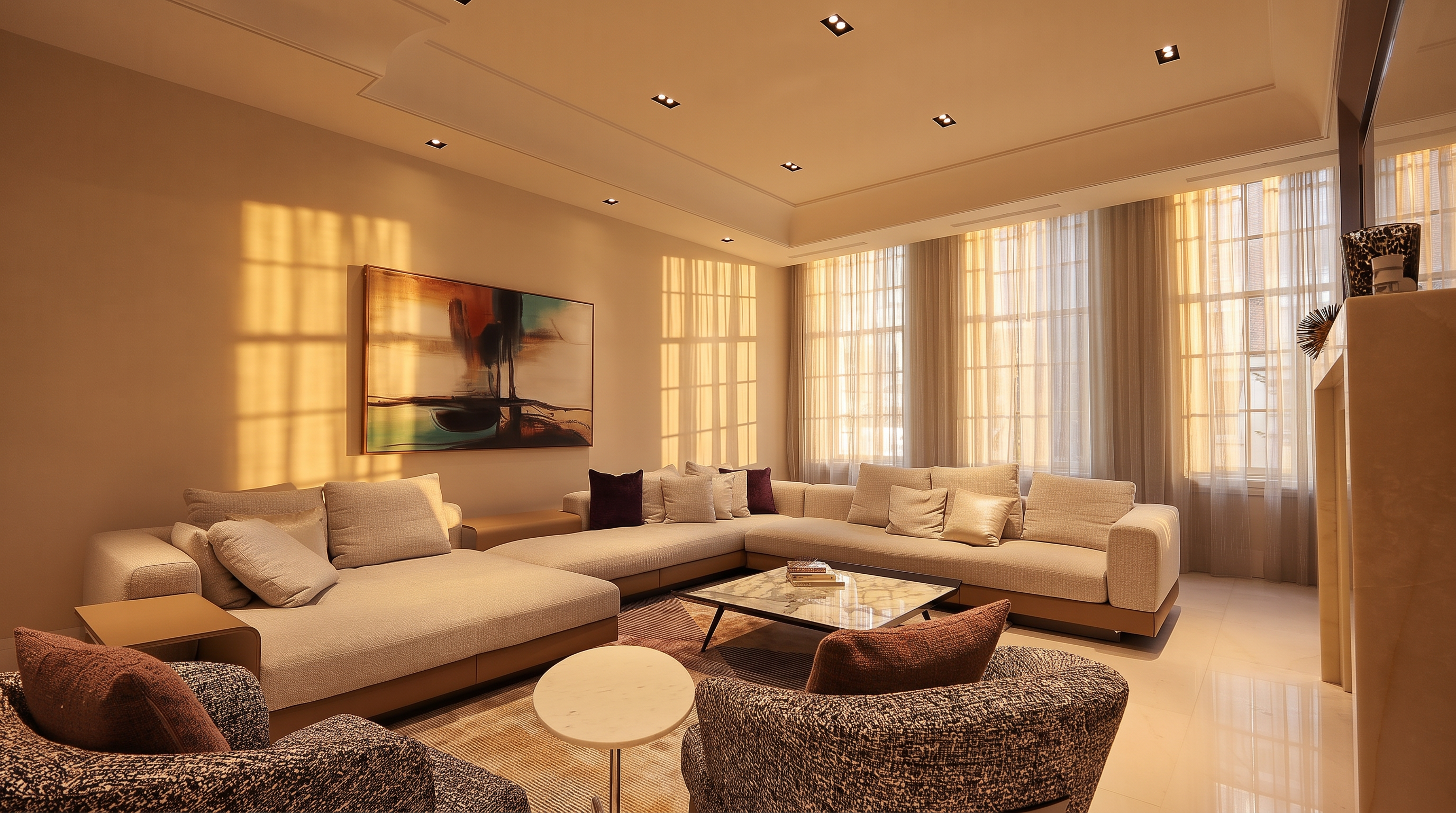 This sophisticated living room features a large, neutral-toned sectional sofa arranged around a central stone-topped coffee table. The space is accented by a vibrant abstract painting on the wall and two textured armchairs in the foreground, all set against a backdrop of tall windows draped in sheer curtains. The room is illuminated by recessed ceiling lights, creating a bright and inviting atmosphere suitable for high-end entertaining.