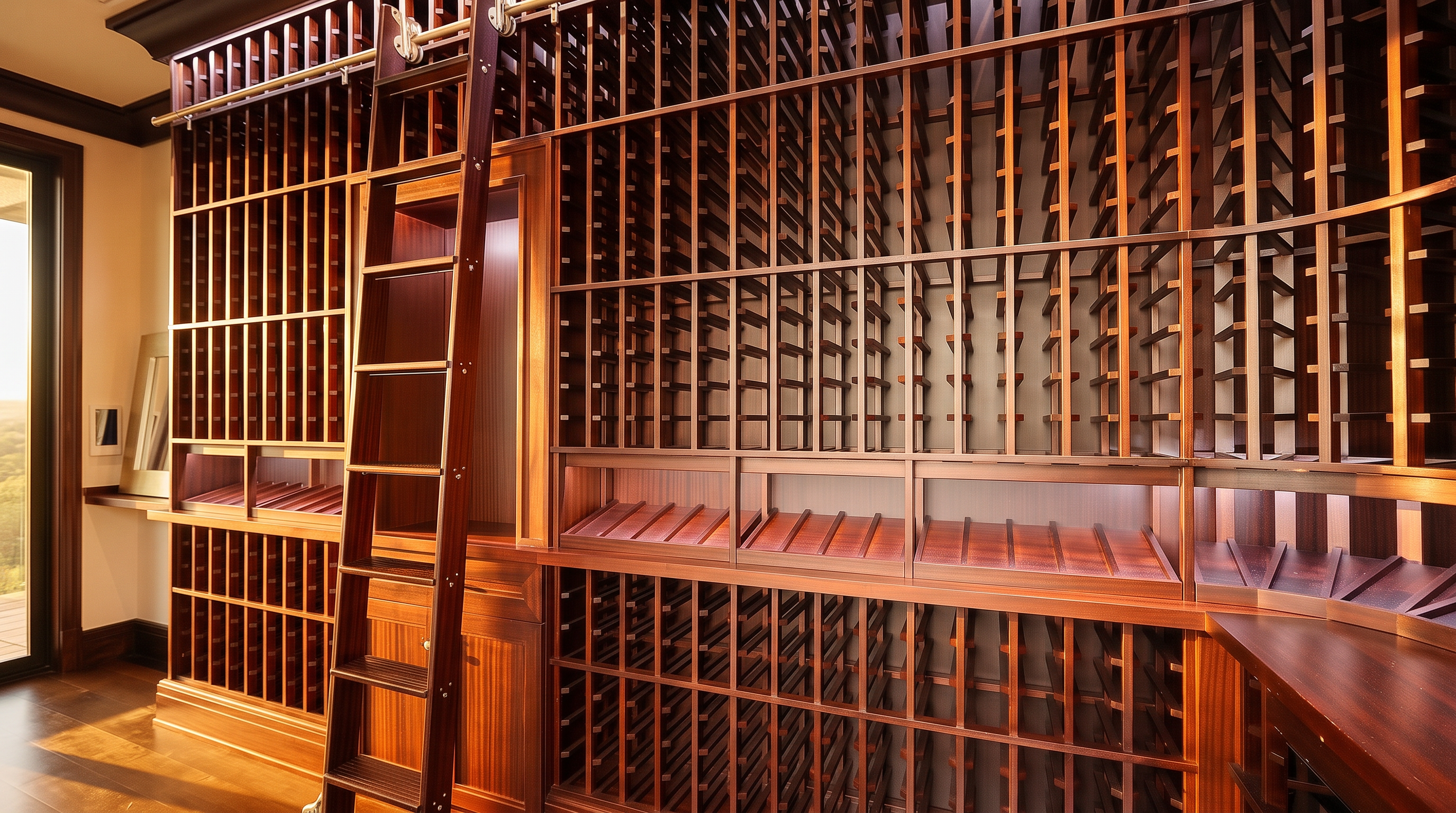 This sophisticated wine cellar features extensive custom dark wood shelving designed for organized bottle storage. A rolling library-style ladder is mounted to a metal rail, allowing for easy access to the upper tiers of the racking system. The space is characterized by its rich, traditional aesthetic and meticulous craftsmanship, creating a dedicated environment for a wine collection.