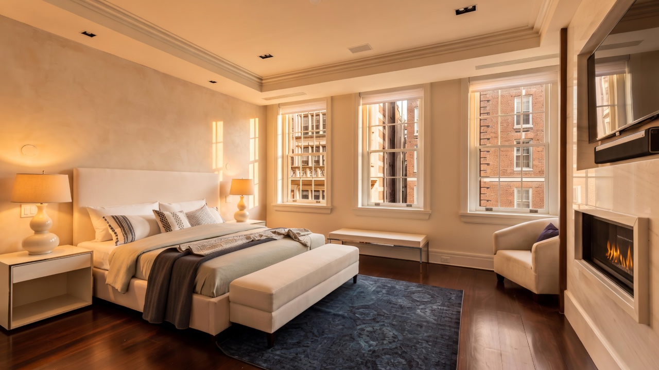 This spacious primary bedroom features dark hardwood flooring, a neutral color palette, and a large, plush bed centered against a light-toned wall. Three tall windows with white blinds allow natural light to fill the room, while a modern fireplace is integrated into the wall on the right. The space is elegantly furnished with a matching bench at the foot of the bed, two bedside tables with lamps, and a patterned area rug, creating a sophisticated and tranquil atmosphere.