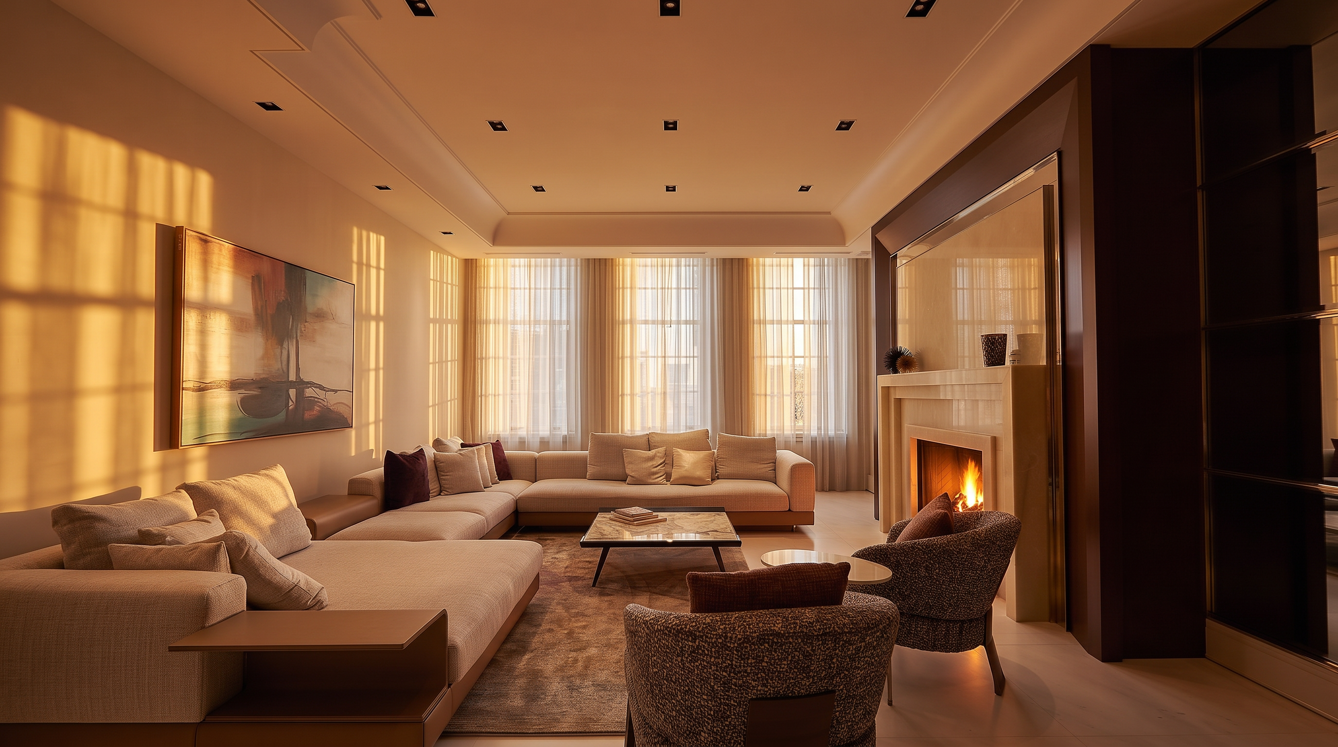 This sophisticated living room features a spacious, neutral-toned sectional sofa arranged around a central stone-topped coffee table. A tall, light-colored stone fireplace surround serves as a focal point on the right, while a large abstract painting adds a splash of color to the left wall. The room is bathed in natural light from a series of tall windows draped in sheer curtains, creating an airy and elegant atmosphere.