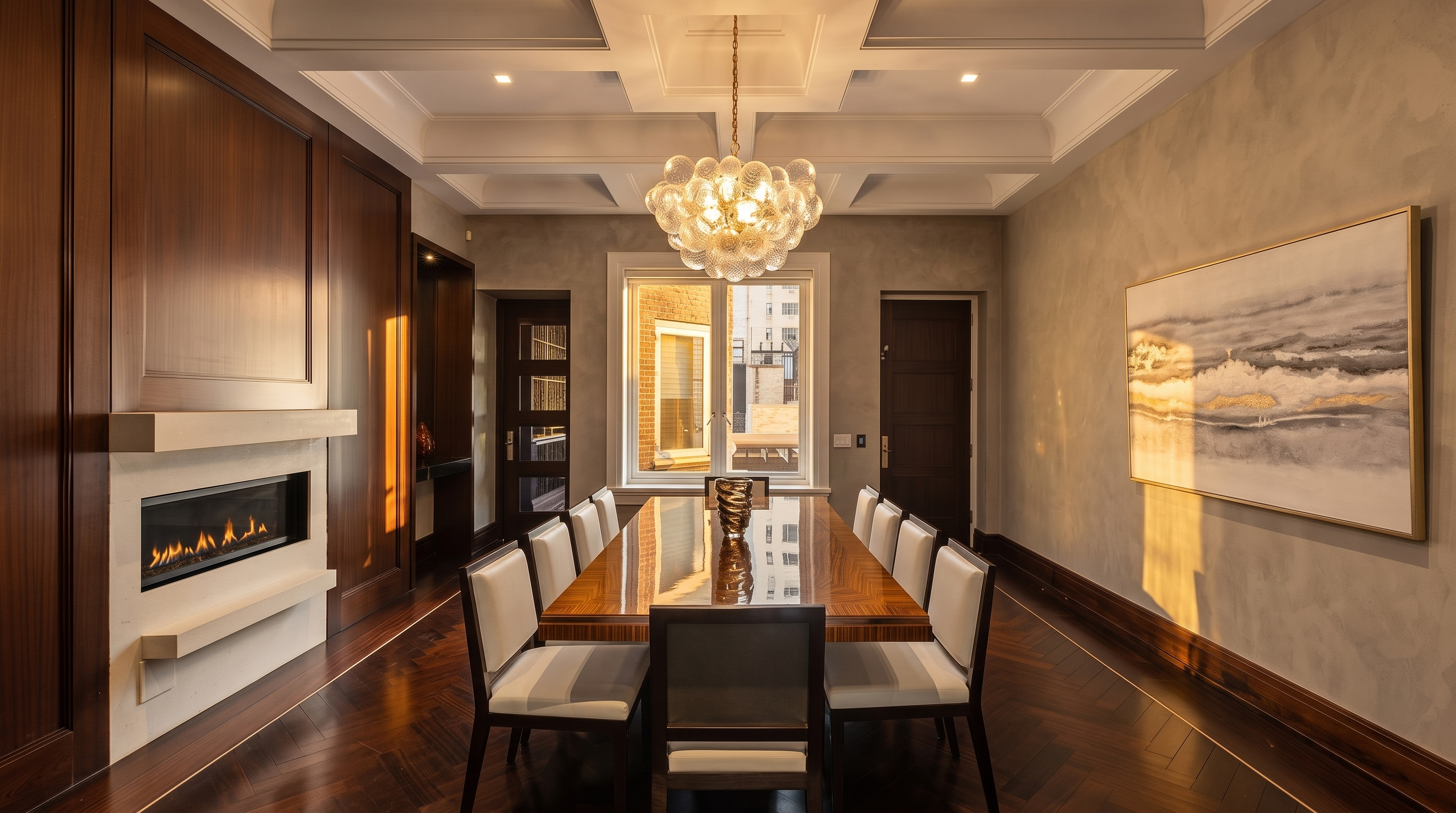 This formal dining room features a long, polished wood table surrounded by eight modern chairs, set against a backdrop of dark wood paneling and a linear fireplace with a stone surround. A striking, multi-globe chandelier hangs from a detailed coffered ceiling, while a large abstract painting adds a contemporary touch to the neutral-toned wall. The room is anchored by rich, dark herringbone-patterned wood flooring, creating an atmosphere of sophisticated elegance.
