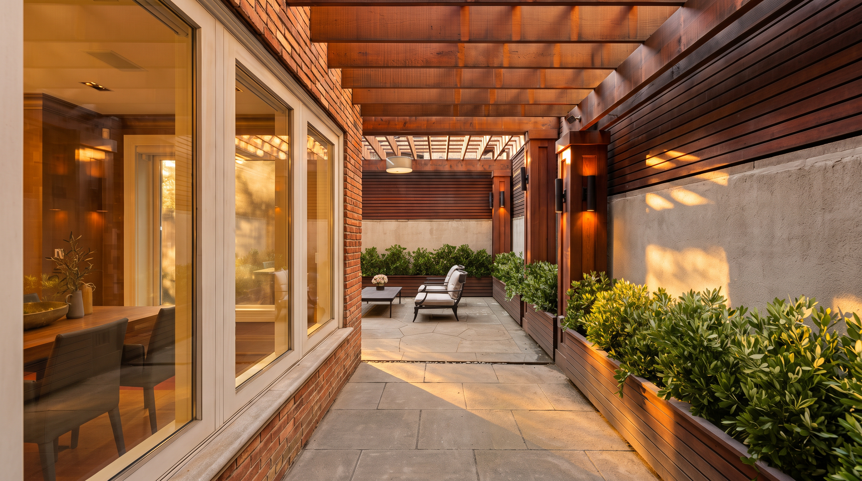 This sophisticated outdoor patio features a stone-paved floor and a prominent wooden pergola overhead, creating a sheltered and inviting transition space. The area is lined with built-in planters filled with lush greenery and is accented by warm wall-mounted lighting fixtures. Large windows from the adjacent interior space provide a seamless visual connection to this private, modern terrace.