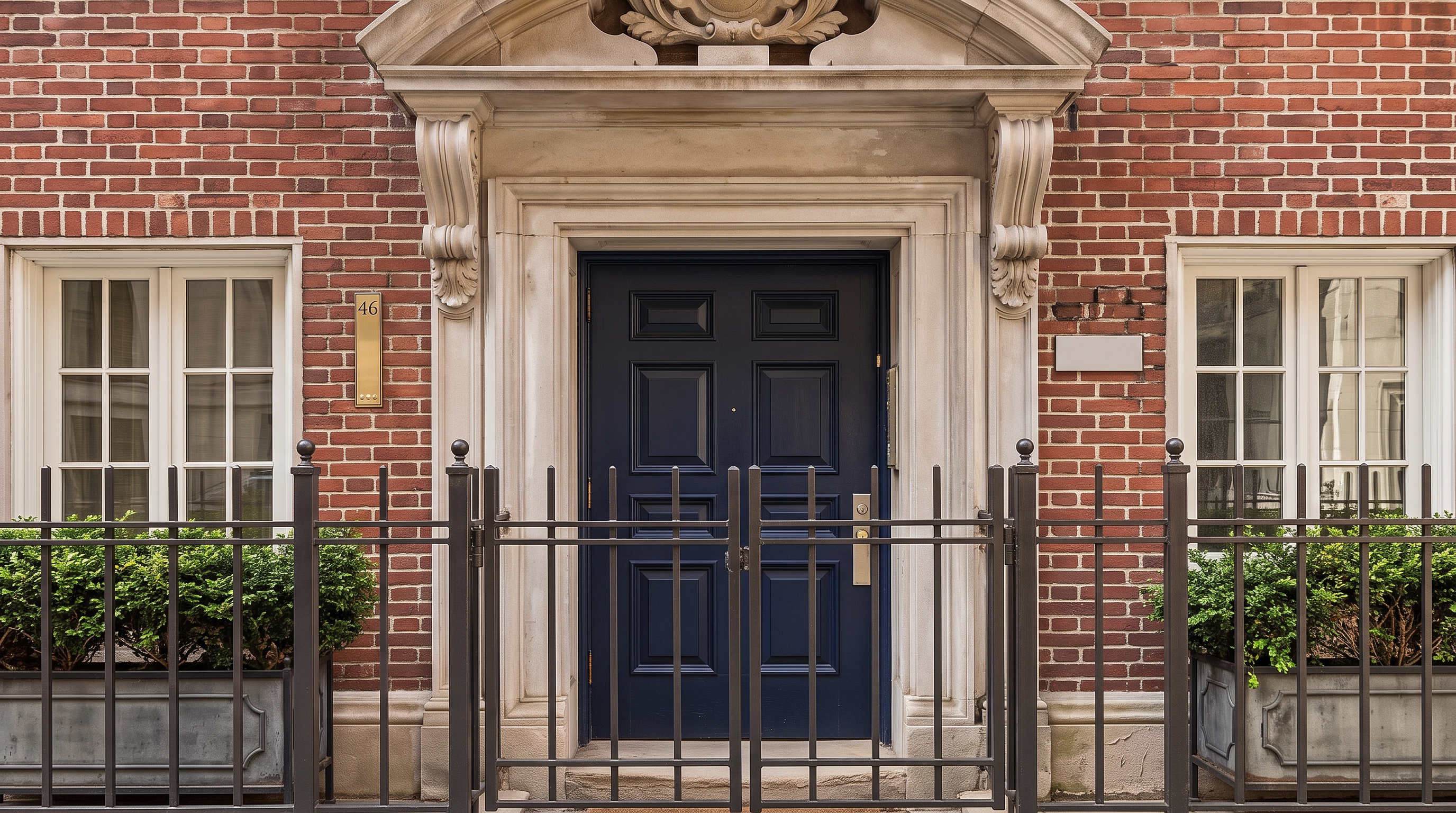 This classic townhouse entrance features a stately dark navy blue door framed by an elegant stone pediment and ornate corbels. A black iron fence adds a sense of privacy and security, while lush greenery in stone planters flanks the symmetrical white-paned windows. The combination of red brick, historic masonry, and polished brass accents creates a sophisticated and timeless curb appeal.
