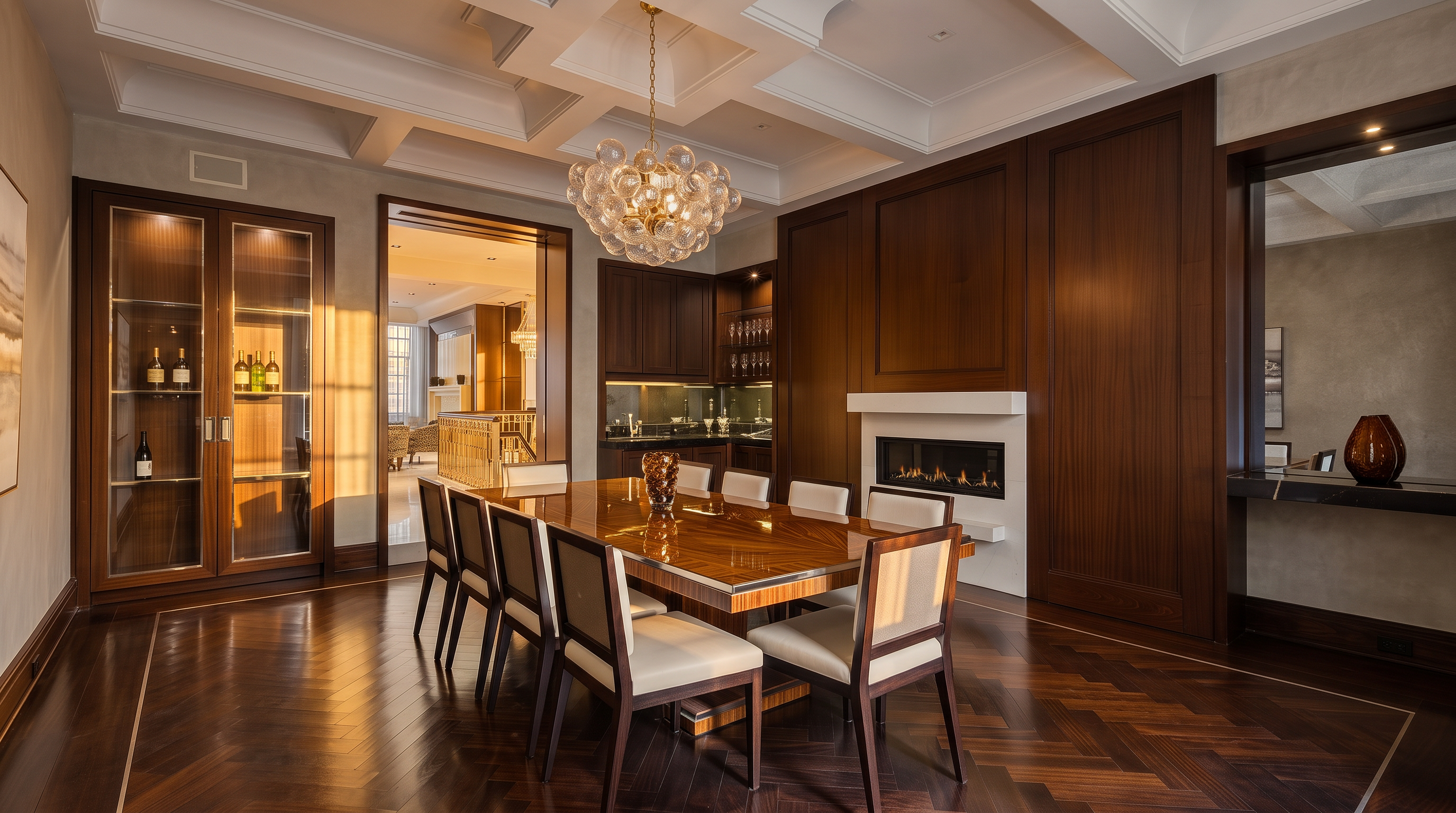 This elegant formal dining room features a rich, dark wood herringbone floor and a coffered ceiling with a prominent glass bubble chandelier. A long, polished wood dining table is surrounded by eight upholstered chairs, set against a backdrop of dark wood paneling and a built-in fireplace with a white surround. The room also includes a glass-fronted display cabinet and an open doorway leading to an adjacent living space, creating a sophisticated and cohesive atmosphere.
