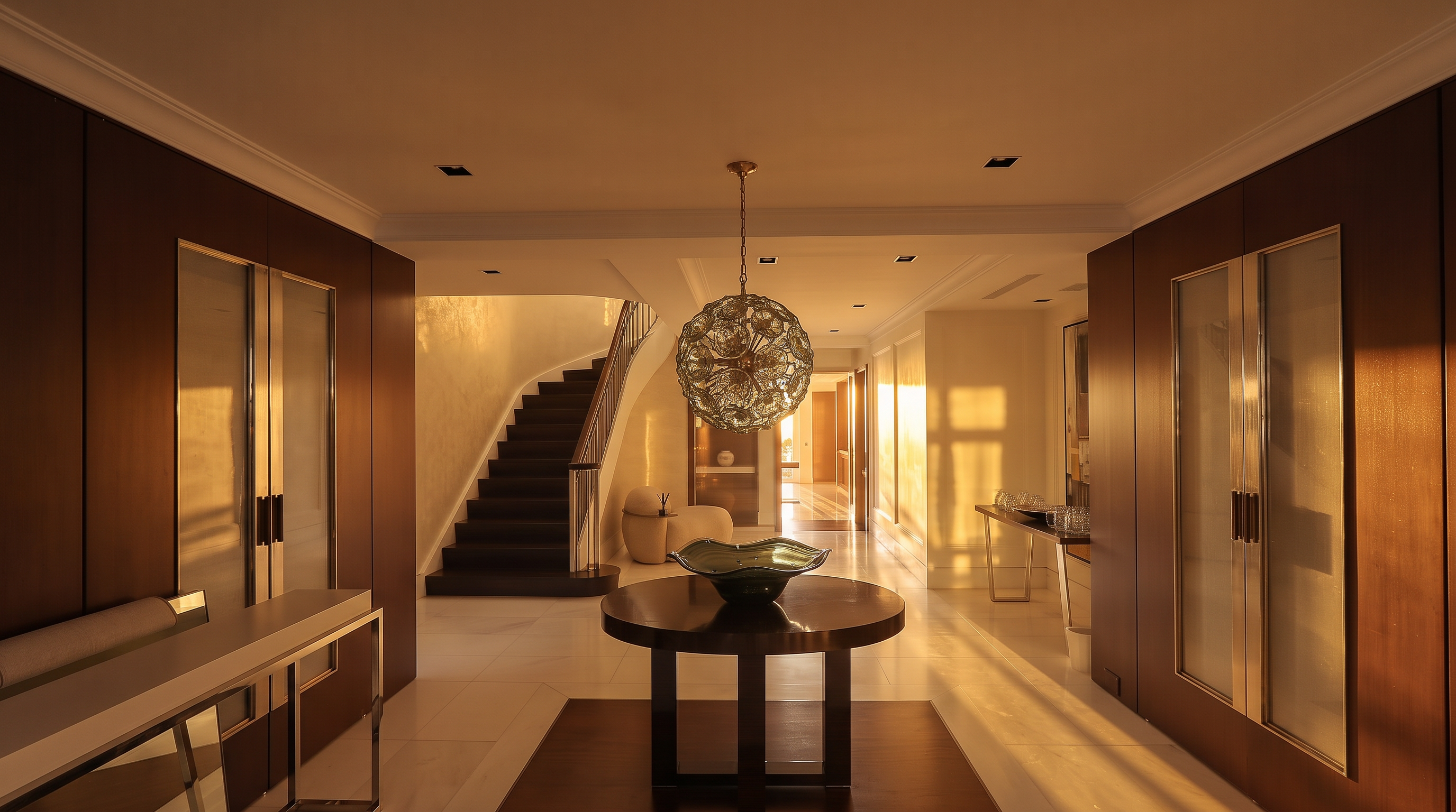 This grand foyer features a central circular table topped with a decorative bowl, positioned beneath a striking, multi-faceted spherical chandelier. The space is framed by dark wood cabinetry with metallic accents on either side, leading toward a staircase with a sleek metal railing. The polished light-colored flooring and neutral walls create a sophisticated, high-end atmosphere with a symmetrical, cinematic perspective.