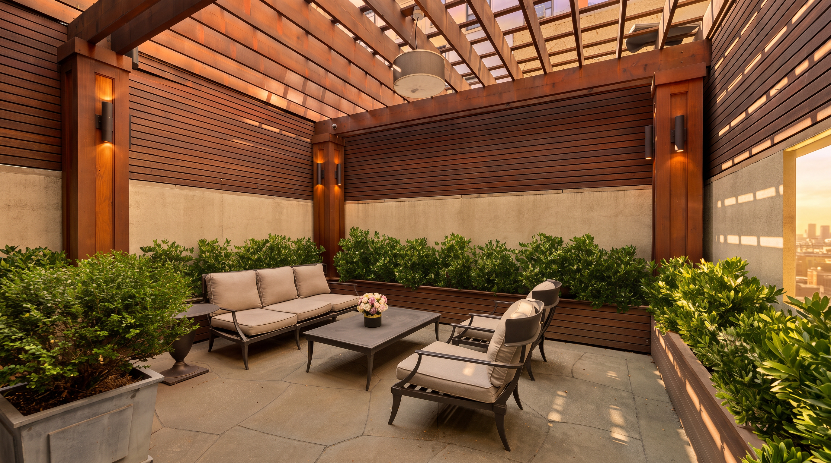 This sophisticated urban patio features a wooden pergola overhead and horizontal wood-slat wall paneling, creating a warm and private outdoor retreat. The space is furnished with a neutral-toned sofa and two matching armchairs arranged around a central coffee table, all set upon a stone-tiled floor. Lush green hedges planted in wooden containers line the perimeter, adding a vibrant natural element to the structured, modern design.