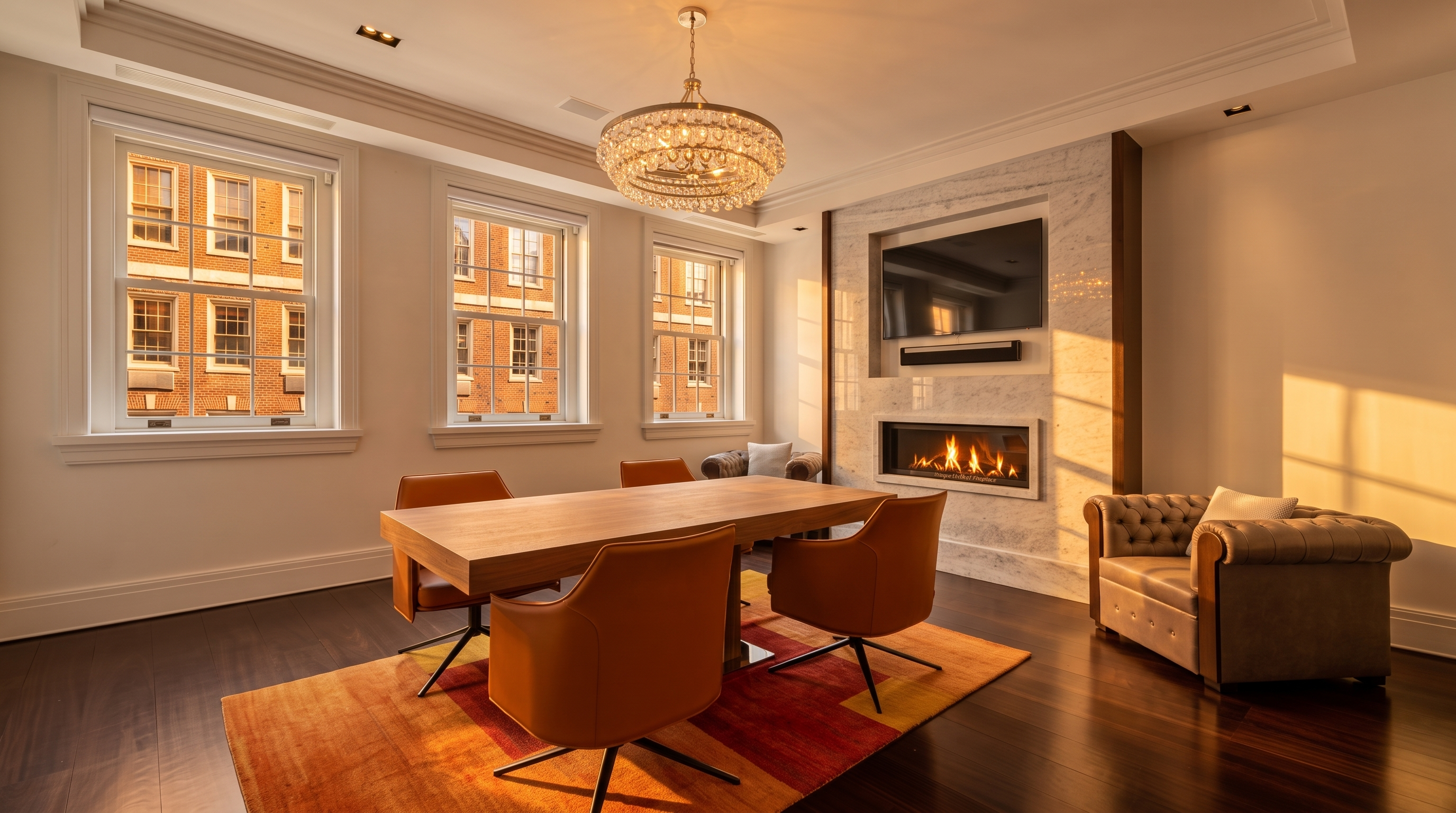 This sophisticated dining room features a central wooden table surrounded by four modern orange swivel chairs, all set atop a vibrant, multi-colored geometric area rug. A prominent stone-clad chimney breast serves as a focal point, housing a sleek linear fireplace and a wall-mounted television above. The space is illuminated by a large, ornate crystal chandelier and benefits from natural light streaming through three tall windows, creating an elegant and inviting atmosphere.