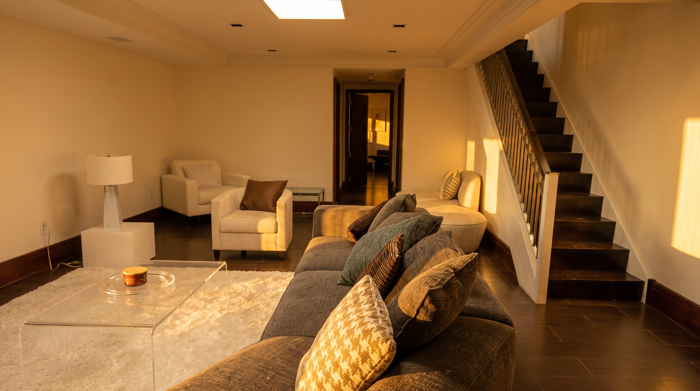 This spacious living area features a contemporary design with dark wood-look flooring and a neutral color palette. A large, plush gray sectional sofa anchors the room, complemented by two white armchairs and a minimalist glass coffee table. The space includes a staircase with a metal railing and leads into a secondary room through a doorway, creating an open and inviting atmosphere.