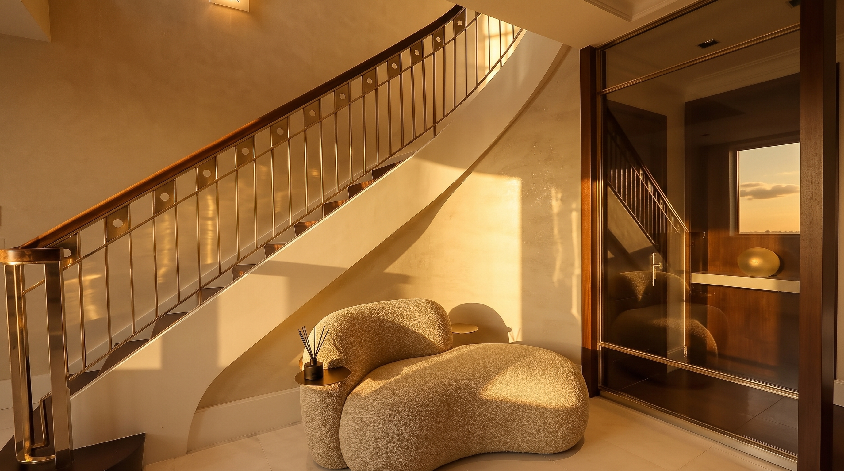 This elegant entryway features a curved staircase with a polished metal railing and dark wood handrail, creating a sophisticated focal point. A sculptural, cream-colored textured lounge chair sits at the base of the stairs, complemented by a small side table holding a reed diffuser. To the right, a large, dark-tinted glass panel adds a modern, reflective element to the space, enhancing the overall sense of luxury and refined design.