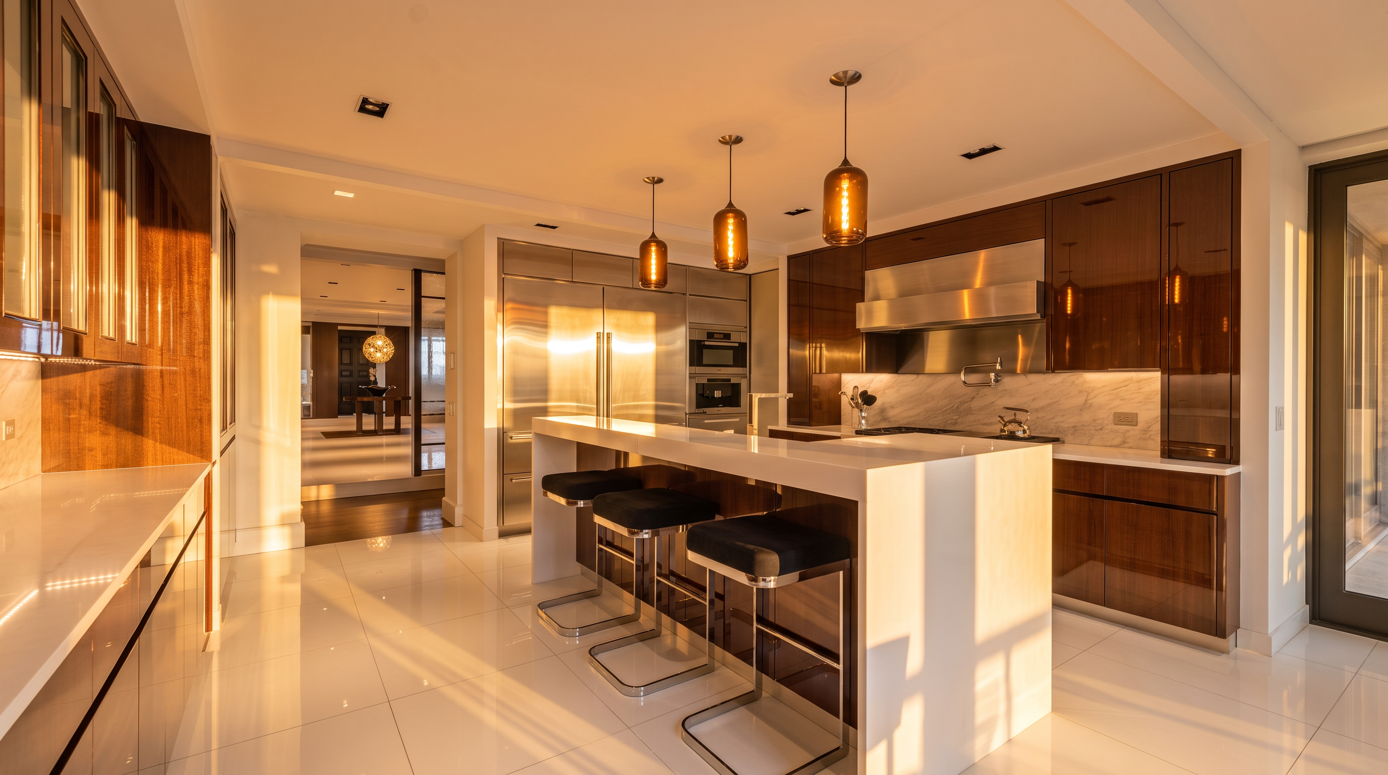This sleek, modern kitchen features high-gloss dark wood cabinetry paired with a large central island topped with a white stone surface. Three amber-toned pendant lights hang above the island, which includes three bar stools, while stainless steel appliances and a stone backsplash complete the professional aesthetic. The perspective looks directly into the kitchen from a hallway, highlighting the clean lines and bright, polished tile flooring that extends into the adjacent living space.