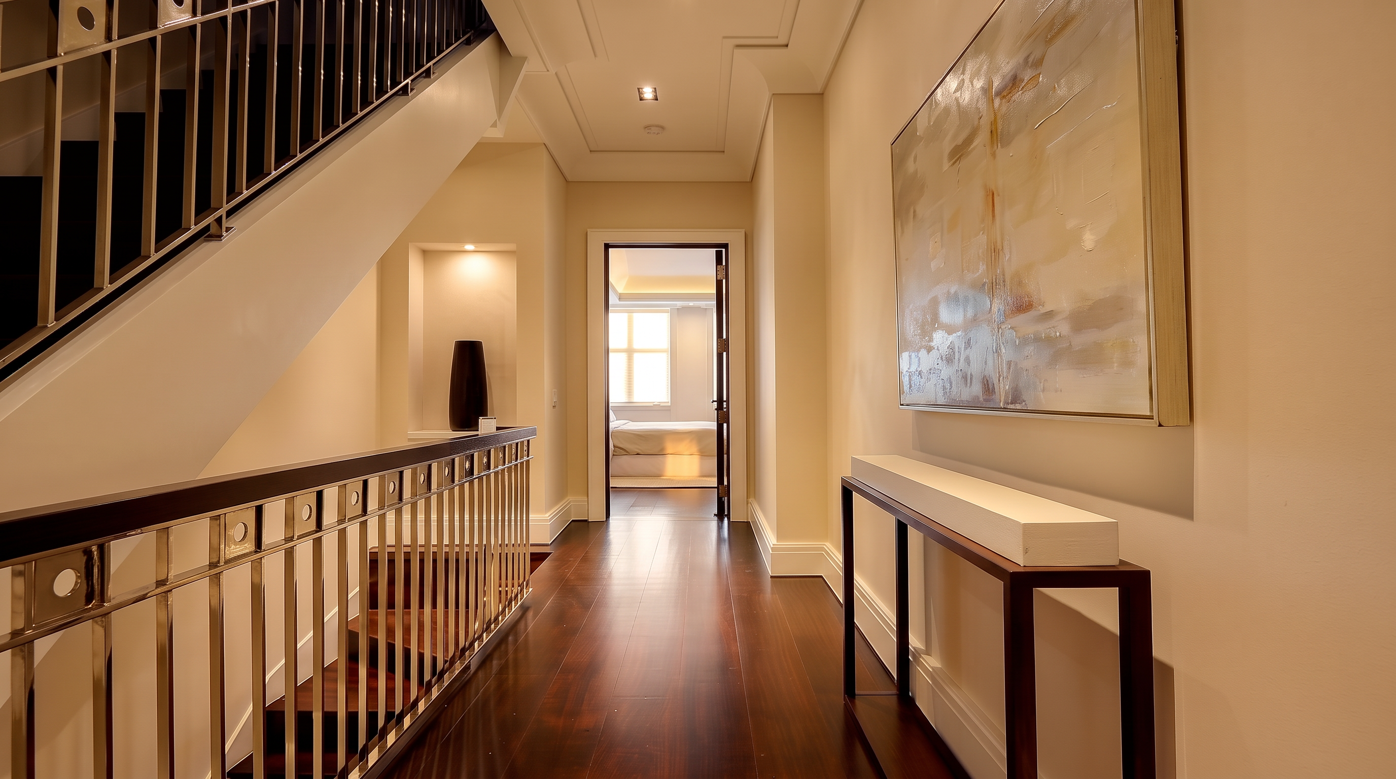 This elegant hallway features rich, dark-toned wood flooring and a sophisticated staircase with a decorative metal railing. A long, narrow console table sits against the wall beneath a large, abstract painting, while recessed lighting illuminates the path toward a doorway leading into a bright bedroom. The perspective is centered, drawing the eye through the corridor to create a sense of depth and refined architectural flow.