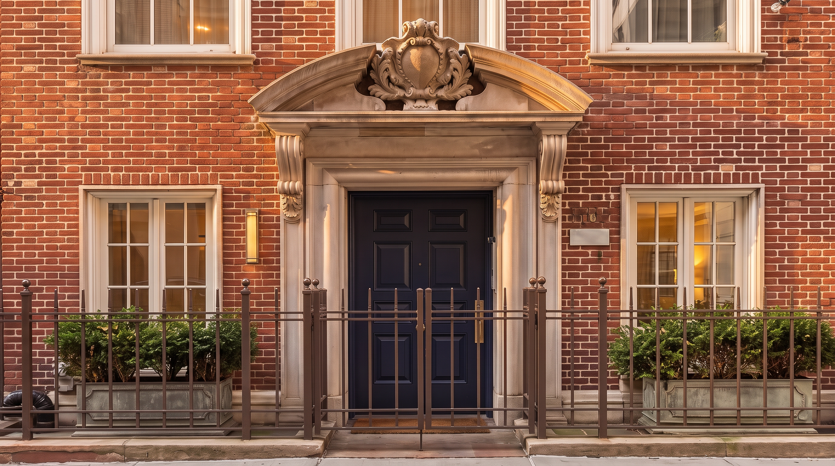 This classic entryway features a deep blue paneled door framed by an ornate, carved stone pediment with a decorative crest. The facade is constructed of traditional red brick and is complemented by symmetrical windows and a dark metal fence enclosing two manicured shrub planters. The entrance presents a sophisticated, refined aesthetic common in historic, upscale urban townhome architecture.