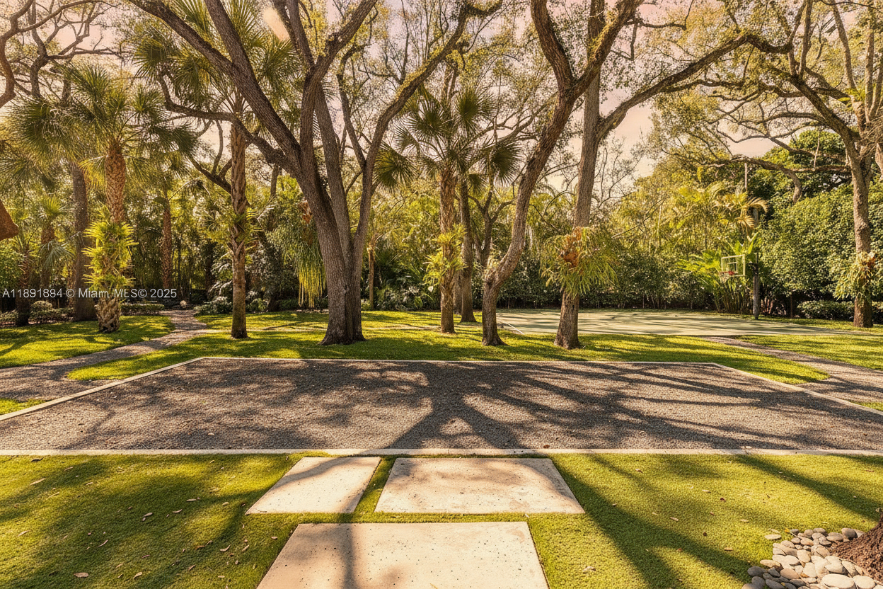 This image showcases a well-maintained yard or garden space. A small gravel court with concrete pavers leads to a basketball court in the background, surrounded by mature trees that provide ample shade. The landscaping features green grass, pebbles, and lush foliage to enhance the property's aesthetic appeal.