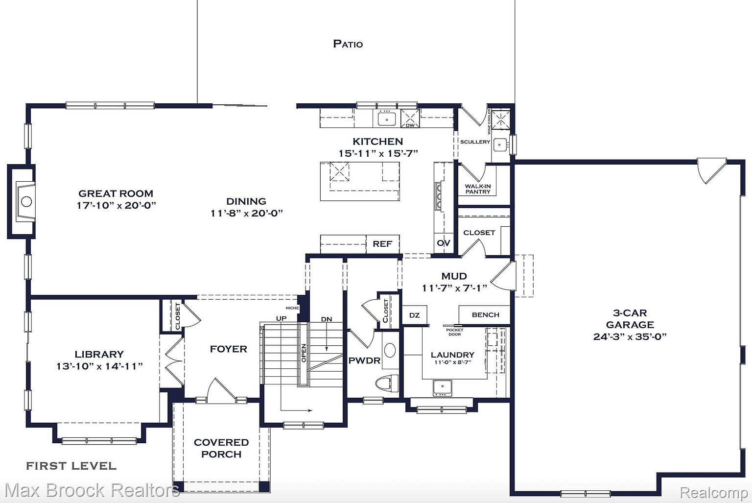 This image showcases a detailed floor plan of a house's first level. It includes a great room, dining area, kitchen with a scullery and walk-in pantry, library, foyer, covered porch, powder room, mudroom, laundry room, and a 3-car garage. The layout provides a comprehensive view of the spatial arrangement and dimensions of each room.