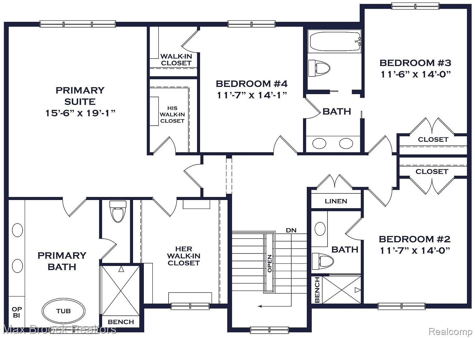 This image showcases a detailed floor plan of a two-story residential property. The layout includes a primary suite with a walk-in closet and primary bathroom, three additional bedrooms, multiple bathrooms, and a staircase. The floor plan provides a clear understanding of the spatial arrangement and dimensions of the rooms.