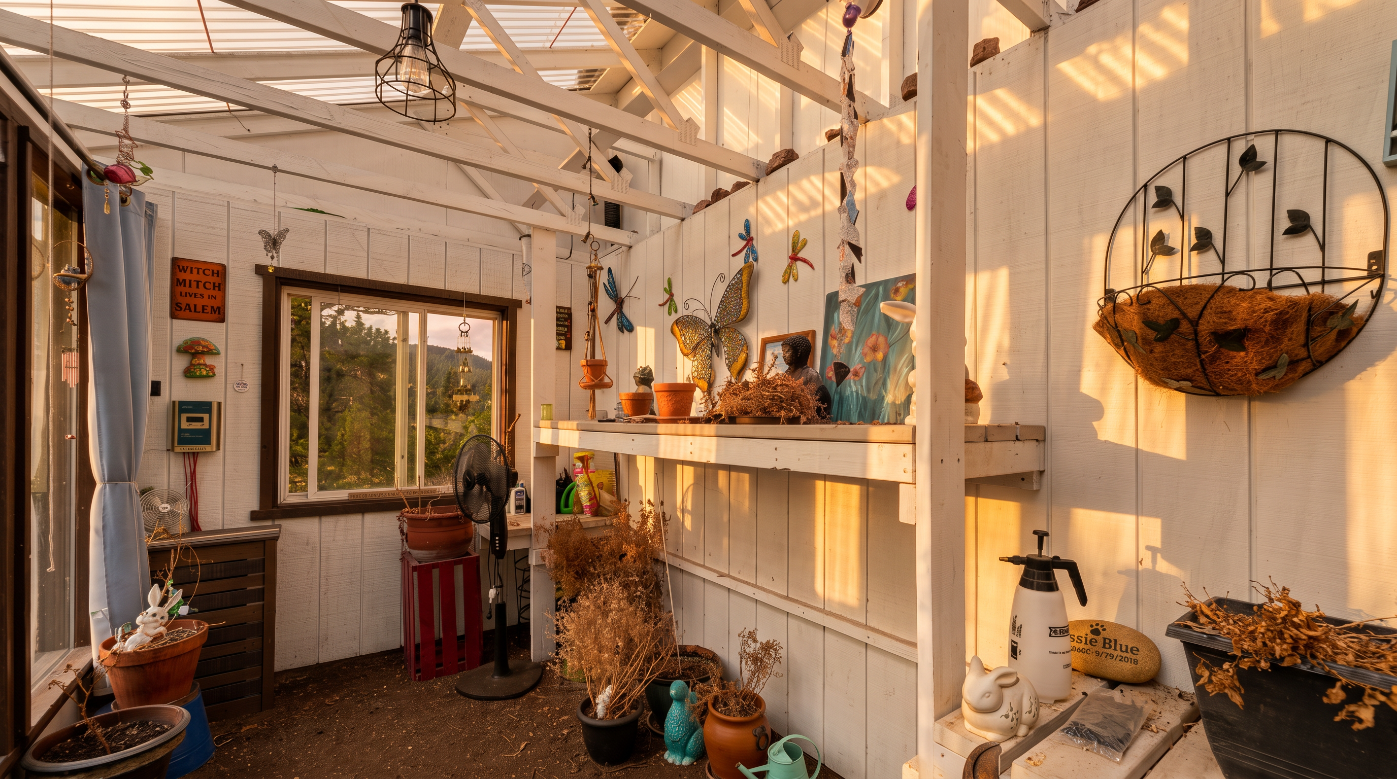 This sunroom or greenhouse space features a rustic, white-painted wooden structure with a translucent roof that allows natural light to filter through. The room is filled with various potted plants, decorative garden ornaments, and a workbench, creating a charming, lived-in atmosphere. A window on the left wall provides a view of the outdoors, while the overall aesthetic is casual and functional, perfect for gardening enthusiasts.