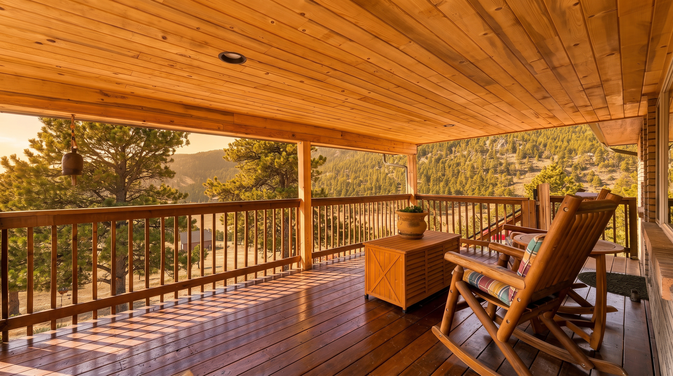 This spacious covered deck features warm-toned wood plank flooring and a matching wood-paneled ceiling, creating a rustic and inviting outdoor living space. The deck is furnished with wooden rocking chairs and a storage chest, all positioned to overlook a scenic landscape of pine trees and rolling hills. The open-air design, framed by a sturdy wooden railing, offers a peaceful vantage point for enjoying the natural surroundings.