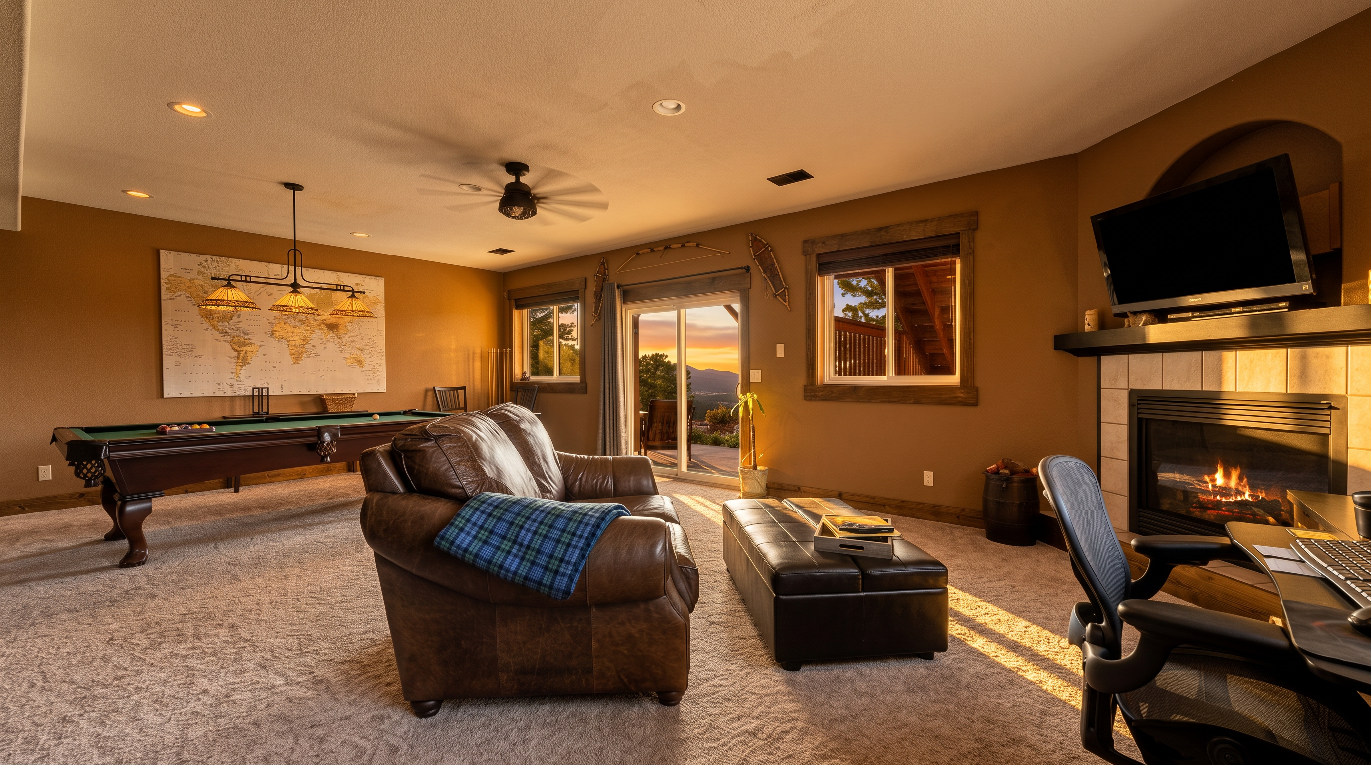 This spacious basement recreation room features a pool table, a comfortable leather sofa, and a dedicated office area with a desk and chair. The room is anchored by a fireplace with a television mounted above it and includes sliding glass doors that provide access to an outdoor deck with scenic views. The space is finished with neutral carpeting and warm-toned walls, creating a cozy and functional multi-purpose living area.