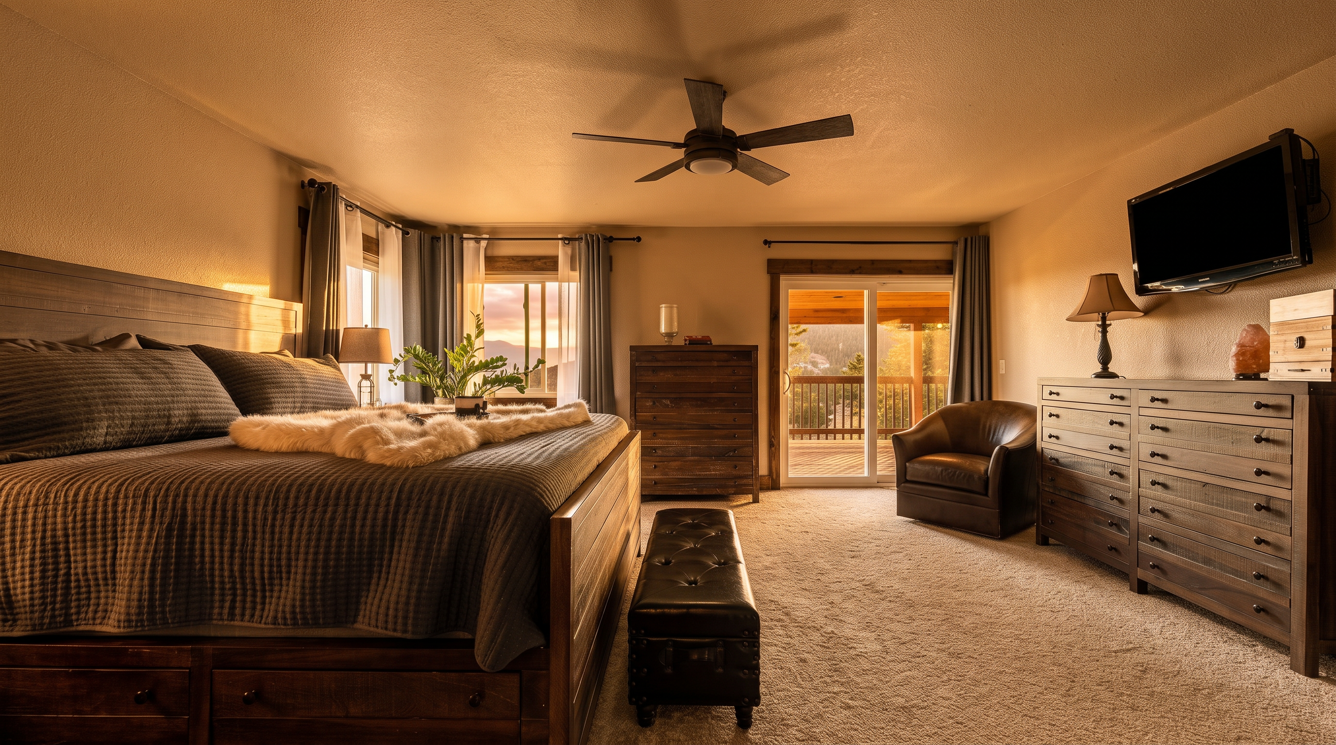 This spacious primary bedroom features a large wooden bed frame with integrated storage drawers, topped with a textured dark quilt and a plush faux-fur throw. The room is furnished with a matching dark wood dresser, a leather armchair, and a tufted leather bench at the foot of the bed. Large sliding glass doors provide access to an outdoor deck, filling the room with natural light and offering a scenic view of the surrounding landscape.