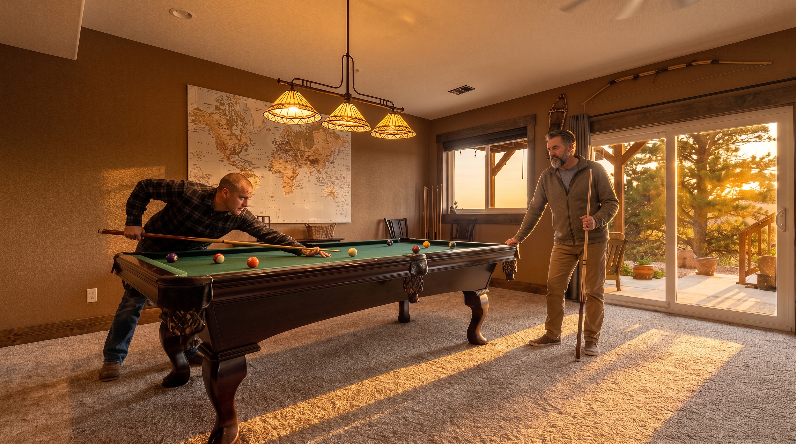 This spacious recreation room features a classic pool table as the central focal point, set against a warm, earth-toned wall adorned with a large world map. The room includes a sliding glass door that provides natural light and a view of the outdoor deck, while a decorative bow and snowshoe hang above the doorway. The space is finished with neutral carpeting and a multi-light pendant fixture, creating a cozy and inviting atmosphere for entertainment.