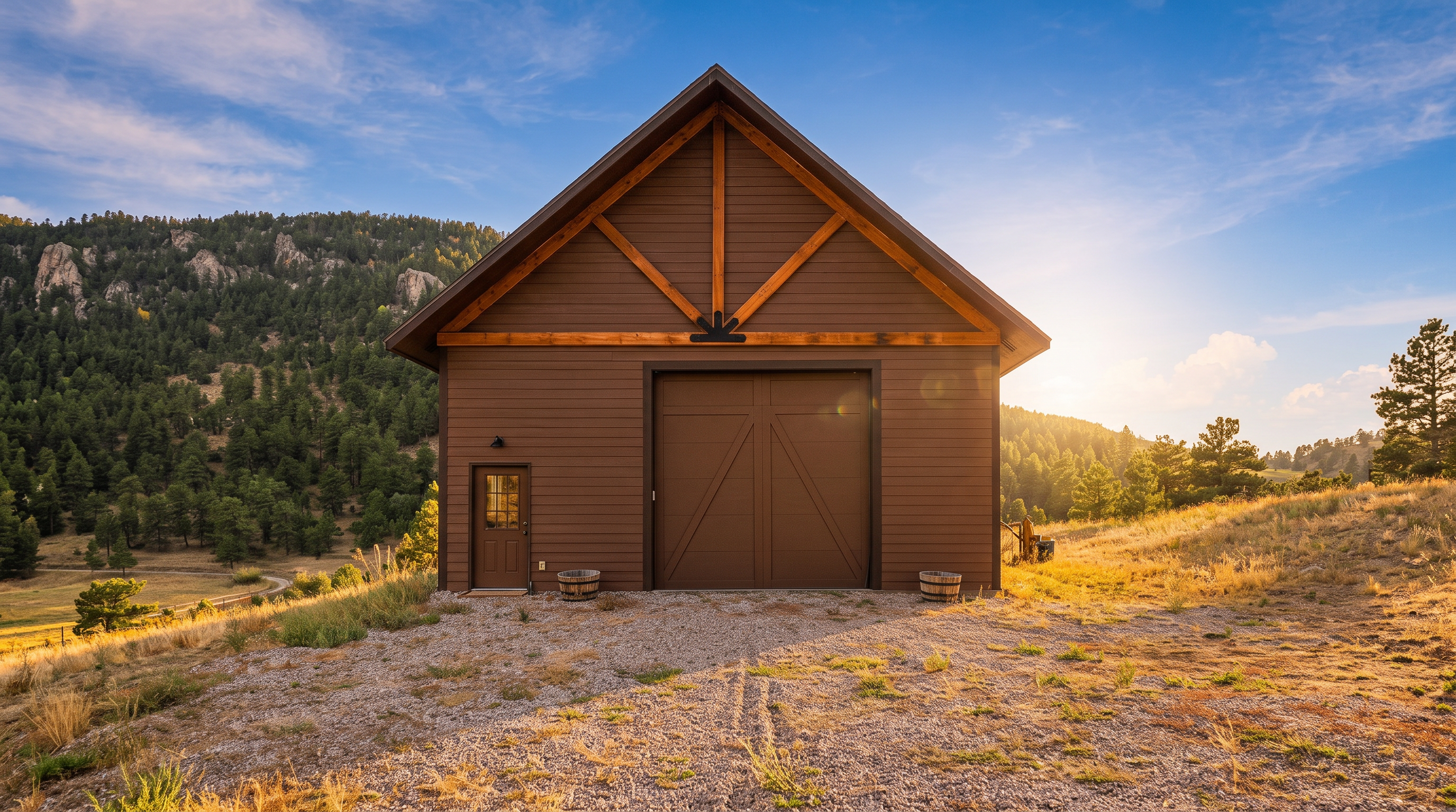 This image captures a detached garage or barn structure featuring brown horizontal siding and a prominent gable roof with decorative timber truss detailing. The building includes a large, central garage door with a cross-brace design and a separate, smaller pedestrian door to the left. Set against a backdrop of a forested hillside and a clear blue sky, the structure sits on a gravel lot, presenting a rustic and functional aesthetic.