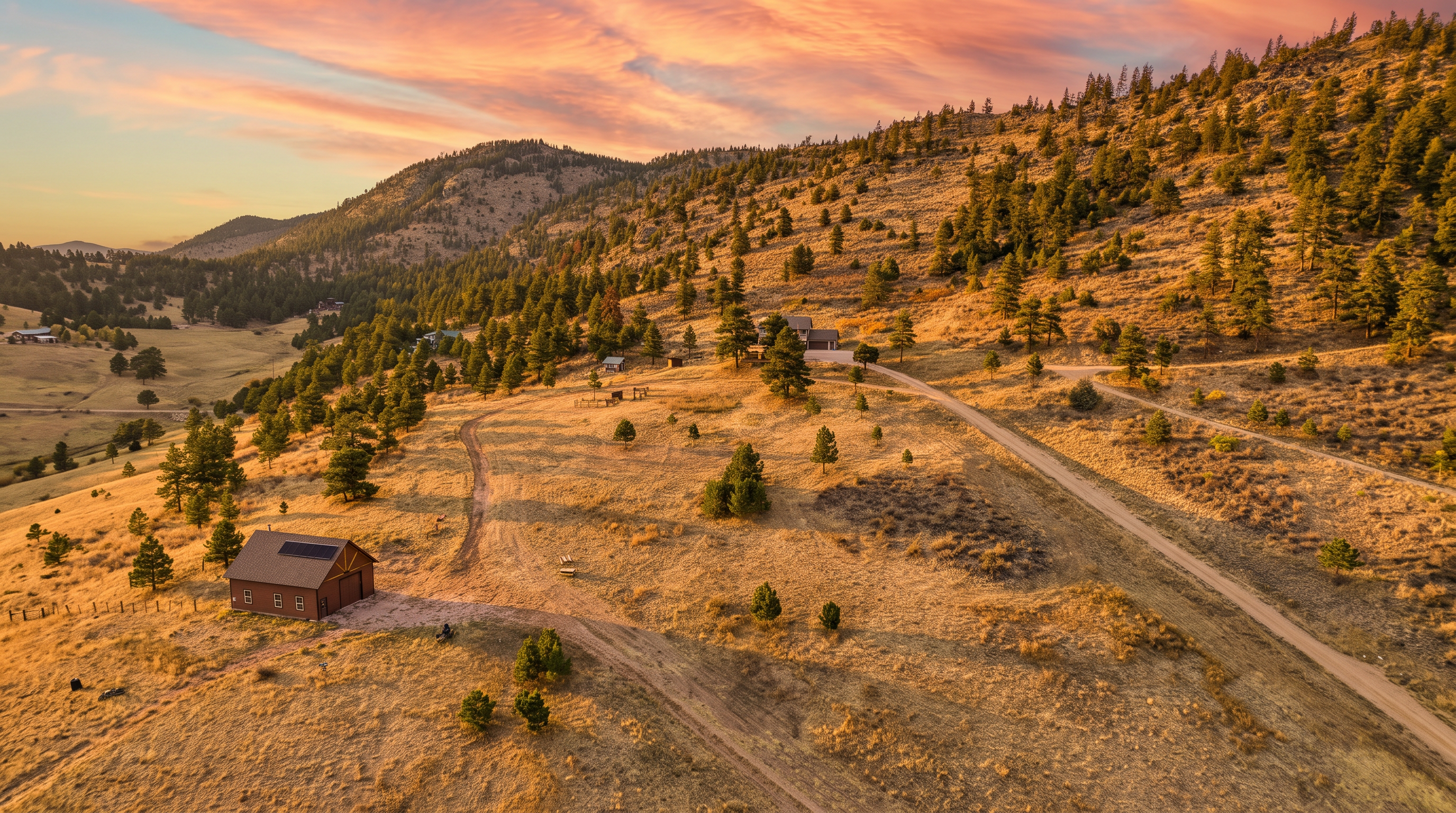 This wide-angle aerial view captures a sprawling rural property set against a backdrop of rolling, pine-dotted hills. The landscape features a prominent detached garage with solar panels on its roof in the foreground, connected by a winding dirt path to a main residence situated higher up the slope. The terrain is characterized by dry, golden grasses and scattered evergreen trees, emphasizing the secluded and expansive nature of the mountain setting.