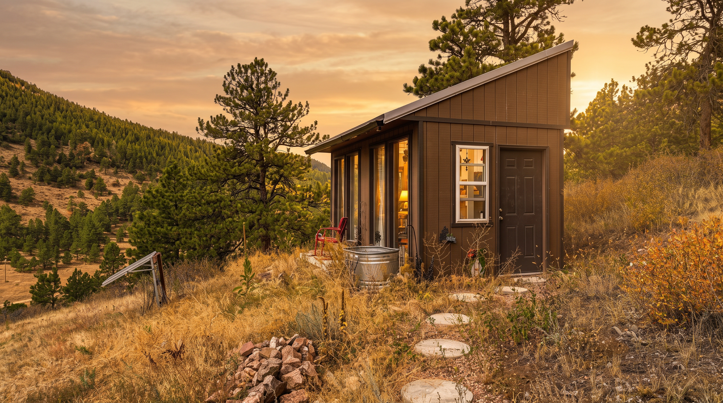 This image captures a rustic, modern-style tiny cabin nestled on a hillside, featuring dark wood siding and a shed-style roof. The structure includes large windows and a dark entry door, with a stone path leading up to the side entrance. The surrounding landscape is characterized by dry, golden grasses and a backdrop of dense pine trees, creating a secluded and tranquil mountain retreat atmosphere.