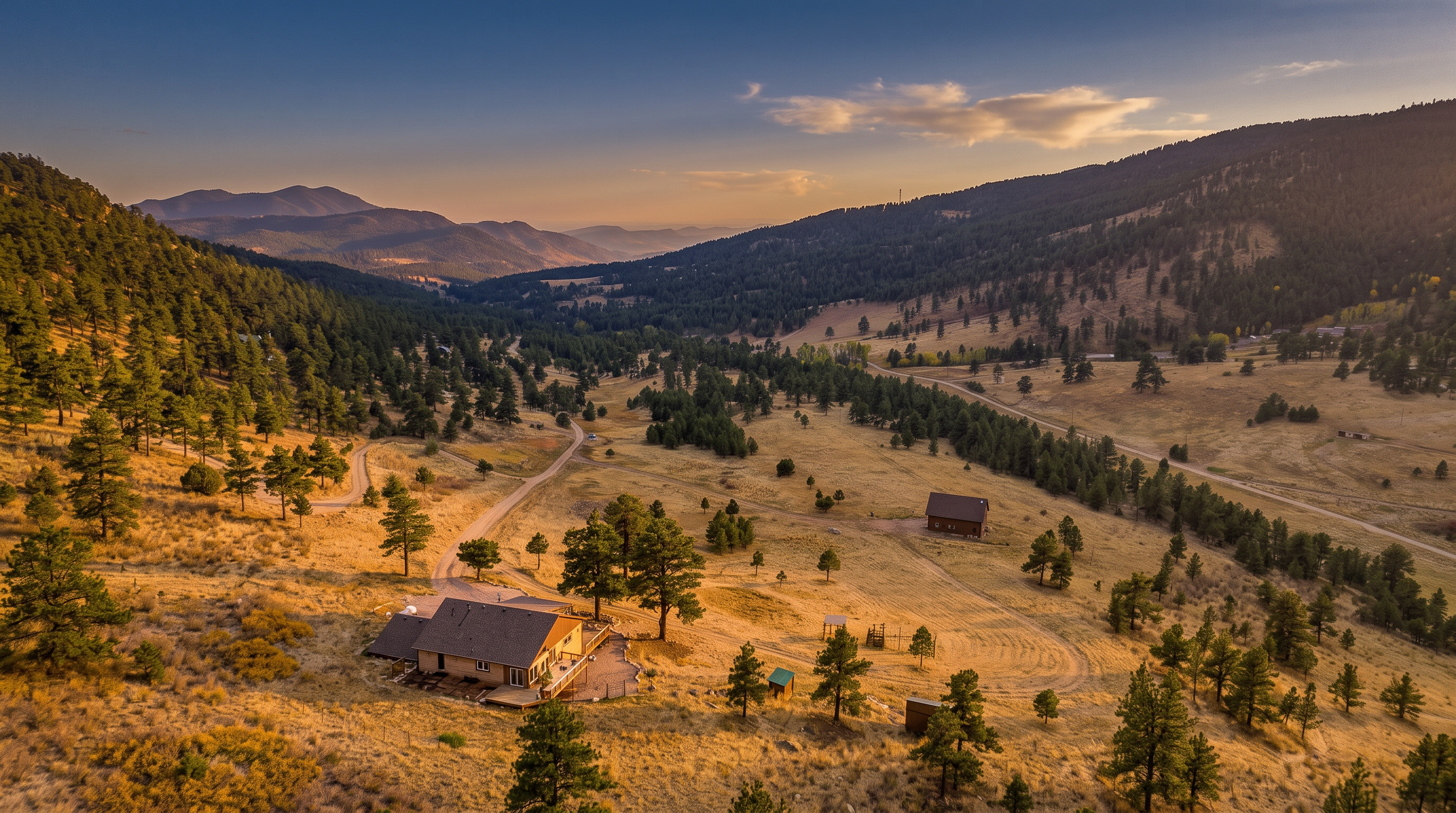 This expansive aerial view captures a secluded residential property nestled within a vast, mountainous landscape. The scene features a single-story home with a deck, surrounded by dry, grassy terrain, scattered pine trees, and a winding dirt driveway. In the distance, a smaller outbuilding sits on the property, framed by rolling hills and a clear blue sky, emphasizing the quiet, rural nature of the setting.
