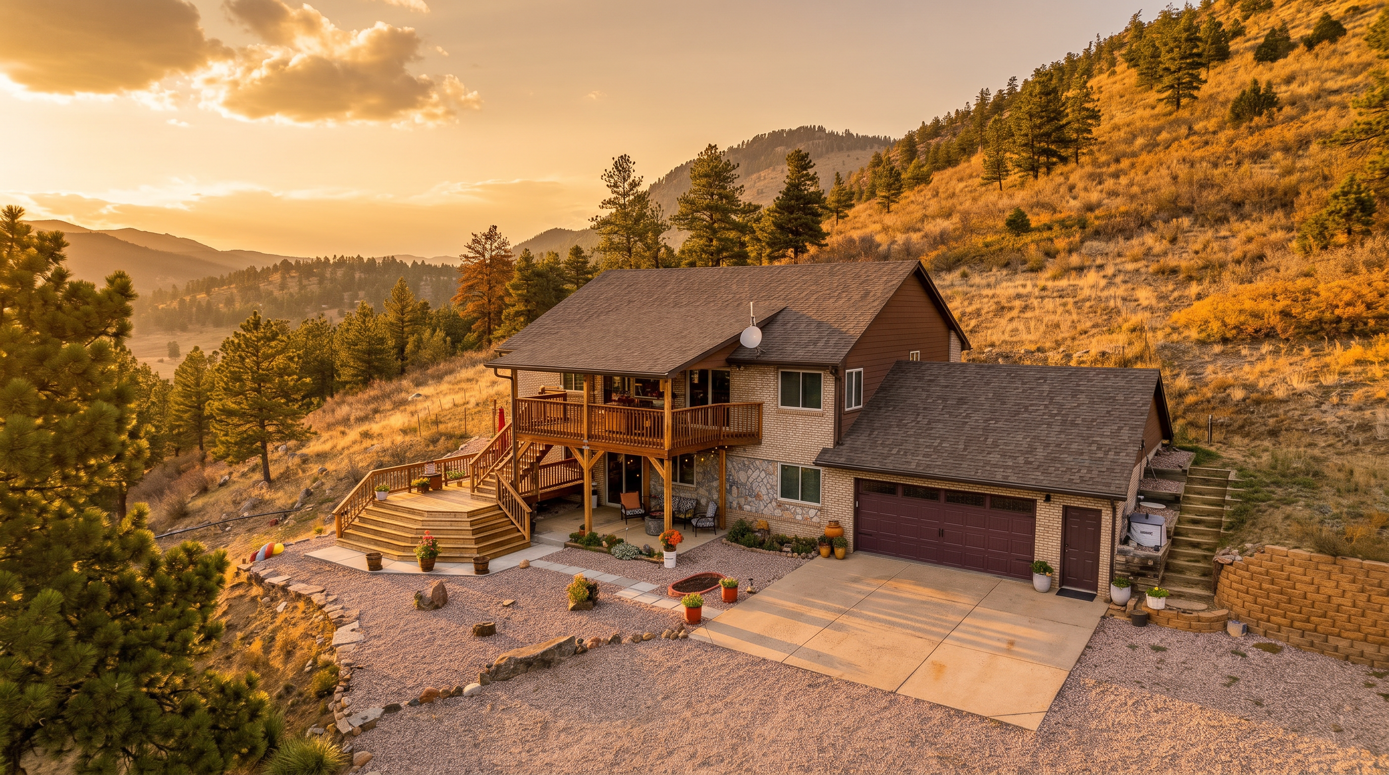 This elevated aerial perspective showcases a multi-level home nestled into a scenic, mountainous landscape. The residence features a combination of stone and wood siding, a spacious elevated wooden deck, and a large attached garage with a concrete driveway. The property is surrounded by natural, rugged terrain with scattered pine trees, creating a secluded and tranquil mountain retreat atmosphere.
