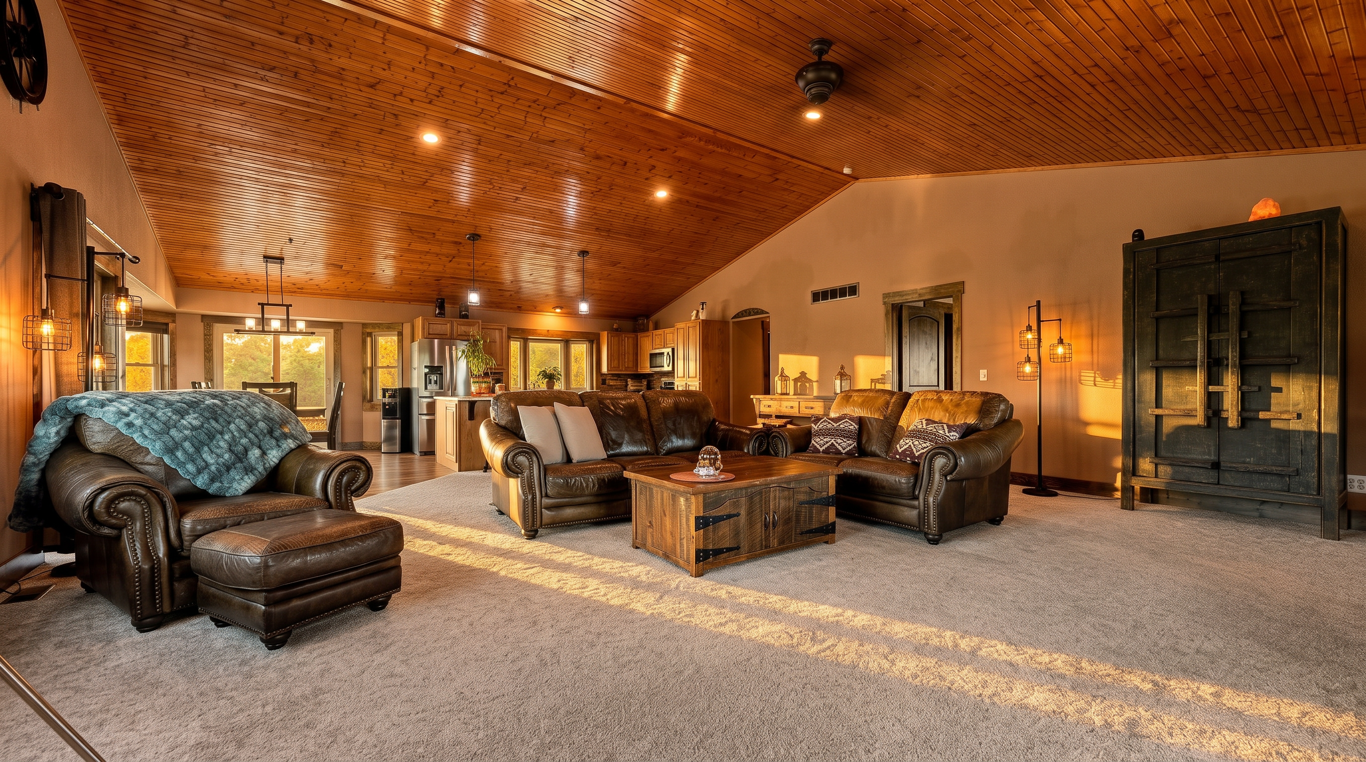 This spacious, open-concept living area features a vaulted ceiling finished with warm-toned wood planks and recessed lighting. The room is furnished with a matching set of dark leather sofas and a rustic wooden coffee table, all set upon a neutral carpet. In the background, an open kitchen layout with light wood cabinetry and a central island creates a cohesive, inviting atmosphere suitable for entertaining.